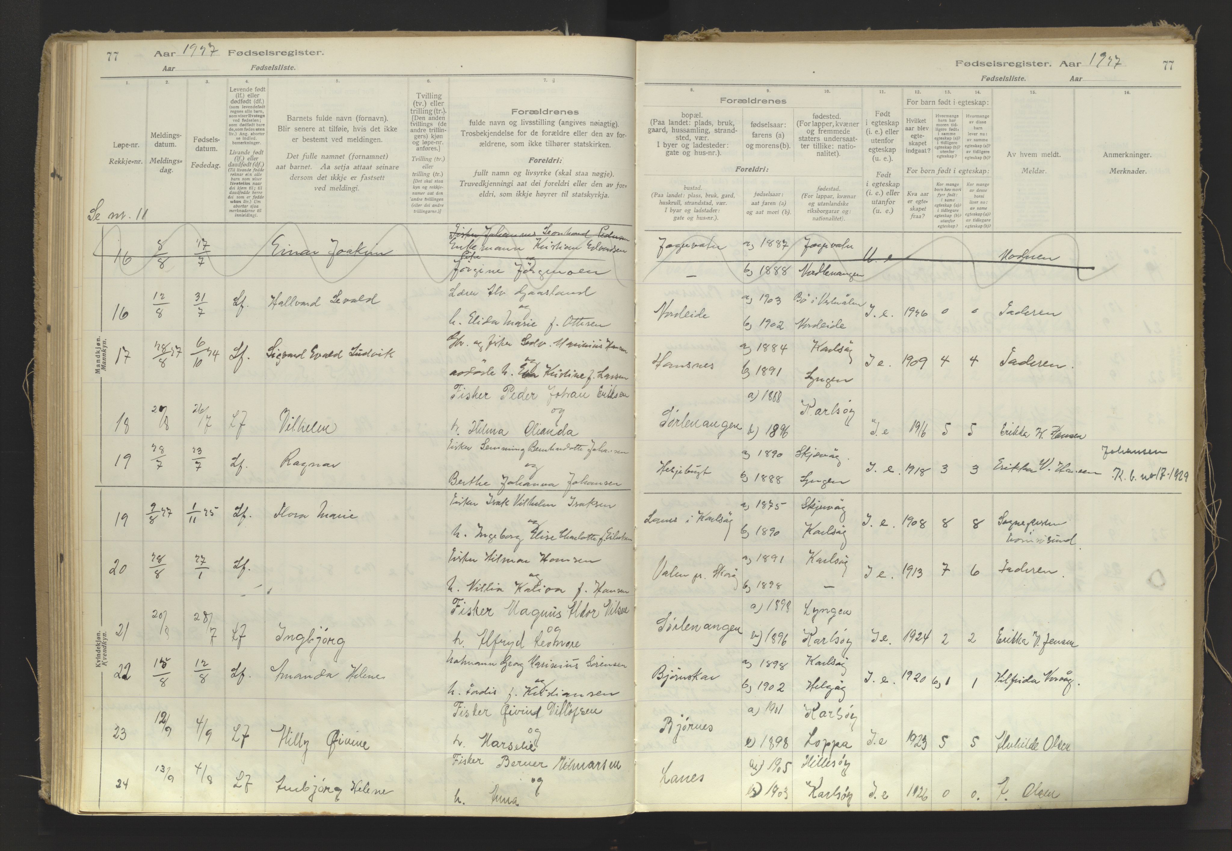 Karlsøy sokneprestembete, AV/SATØ-S-1299/I/Ic/L0064: Birth register no. 64, 1916-1943, p. 77