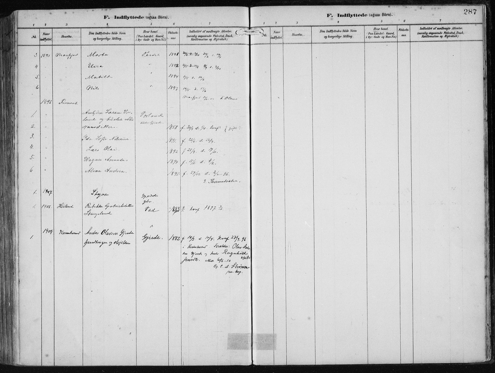 Etne sokneprestembete, SAB/A-75001/H/Haa: Parish register (official) no. B  1, 1879-1919, p. 287