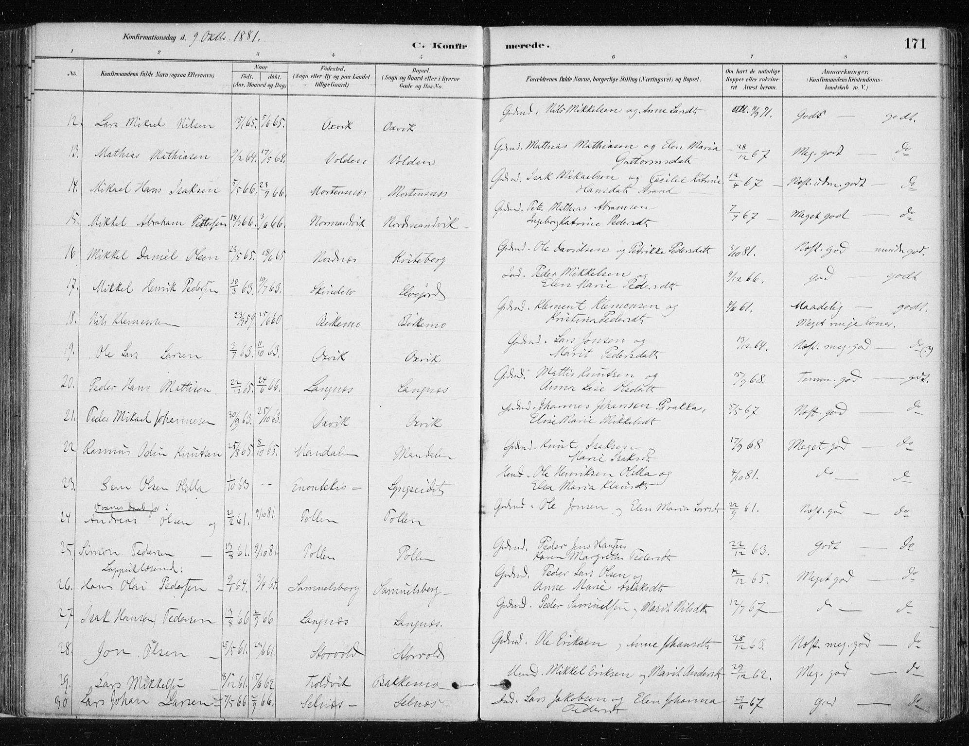 Lyngen sokneprestembete, AV/SATØ-S-1289/H/He/Hea/L0007kirke: Parish register (official) no. 7, 1879-1890, p. 171