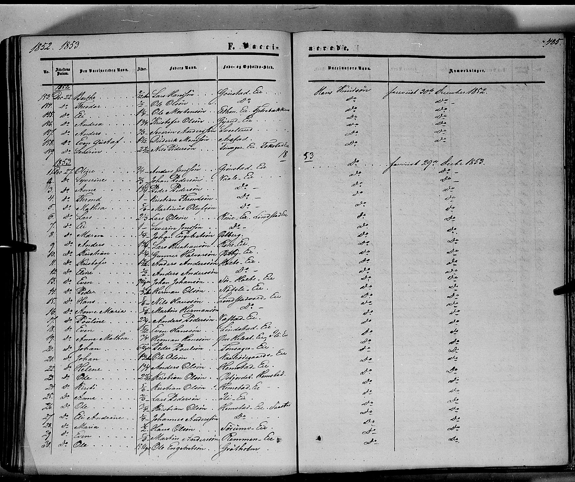 Stange prestekontor, SAH/PREST-002/K/L0012: Parish register (official) no. 12, 1852-1862, p. 485