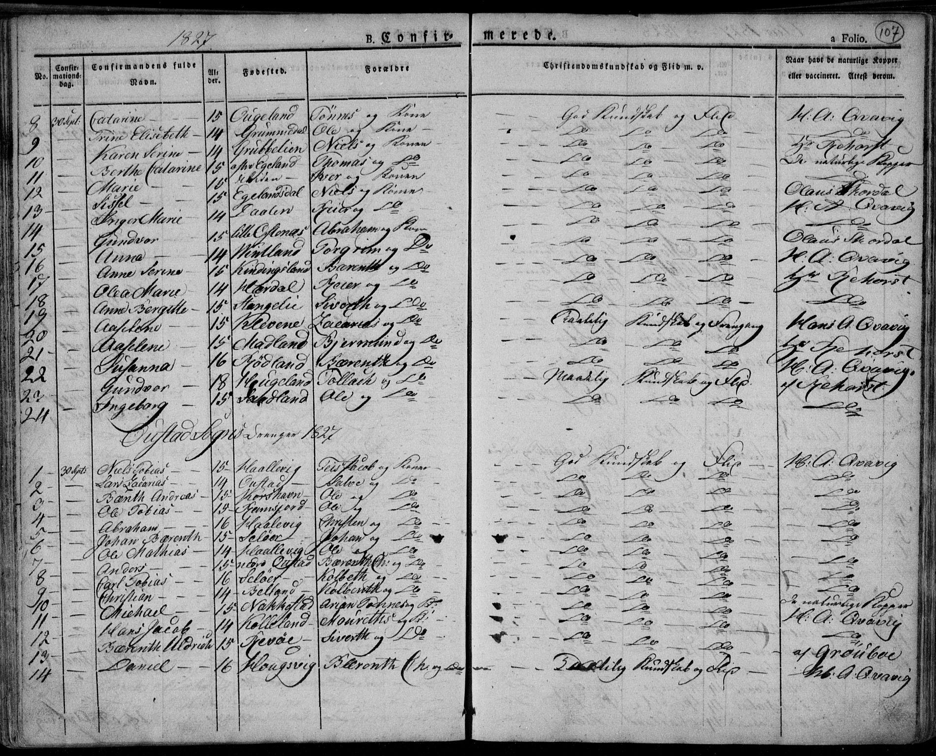 Lyngdal sokneprestkontor, AV/SAK-1111-0029/F/Fa/Fac/L0007: Parish register (official) no. A 7, 1825-1838, p. 107