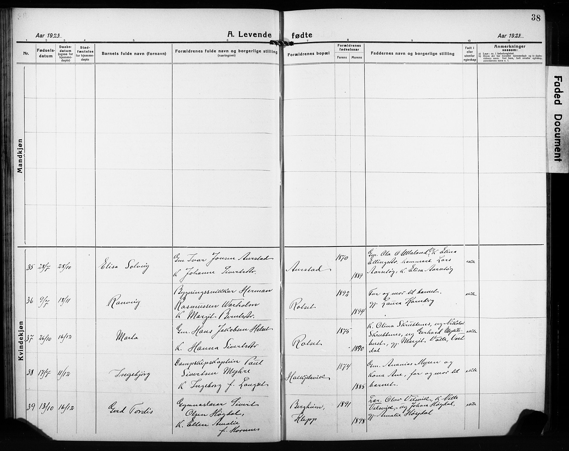 Ministerialprotokoller, klokkerbøker og fødselsregistre - Møre og Romsdal, AV/SAT-A-1454/511/L0160: Parish register (copy) no. 511C06, 1920-1932, p. 38