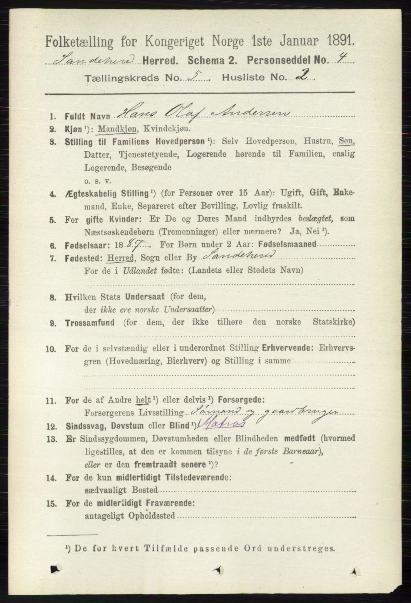 RA, 1891 census for 0724 Sandeherred, 1891, p. 2833