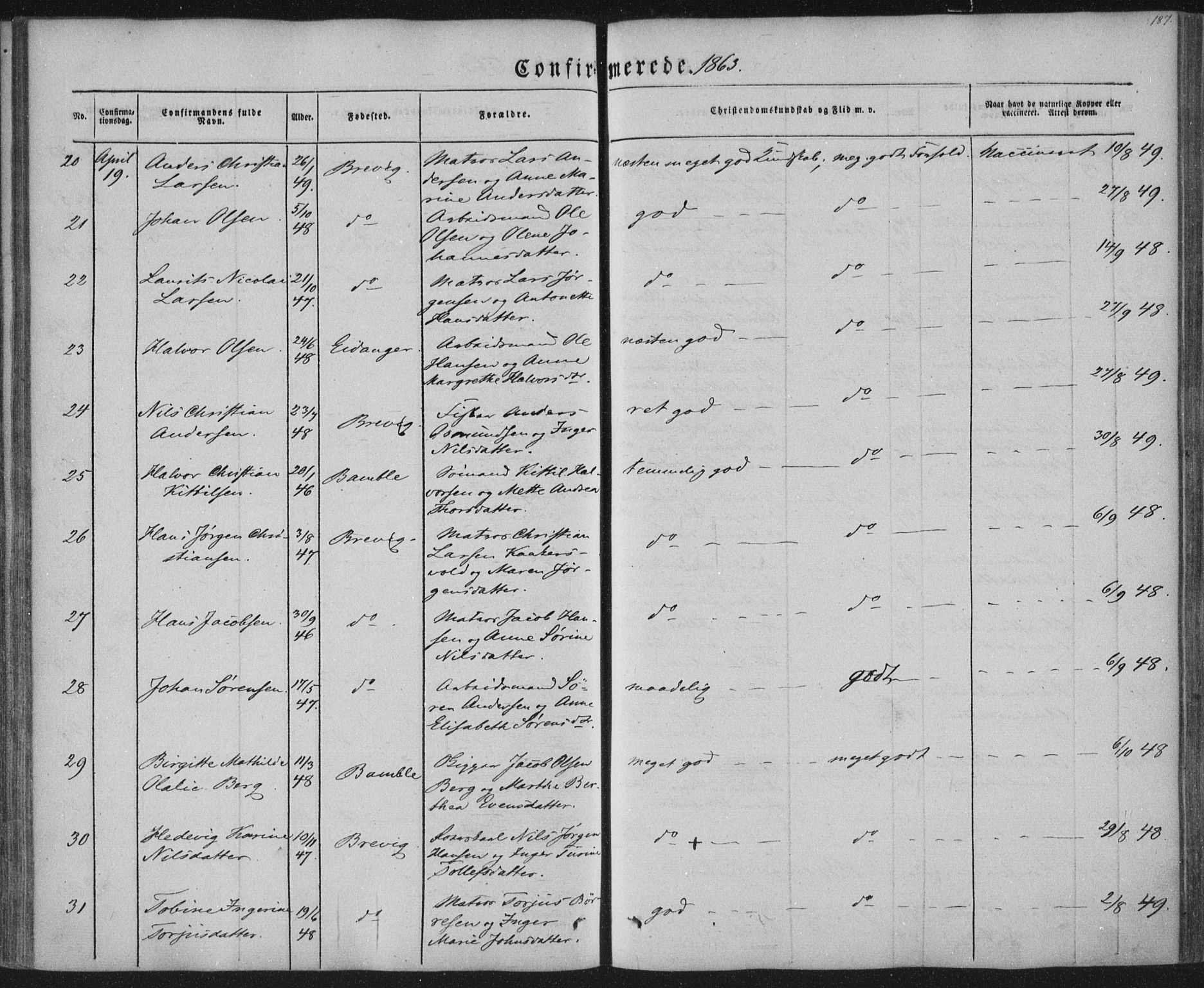 Brevik kirkebøker, SAKO/A-255/F/Fa/L0005: Parish register (official) no. 5, 1847-1865, p. 187