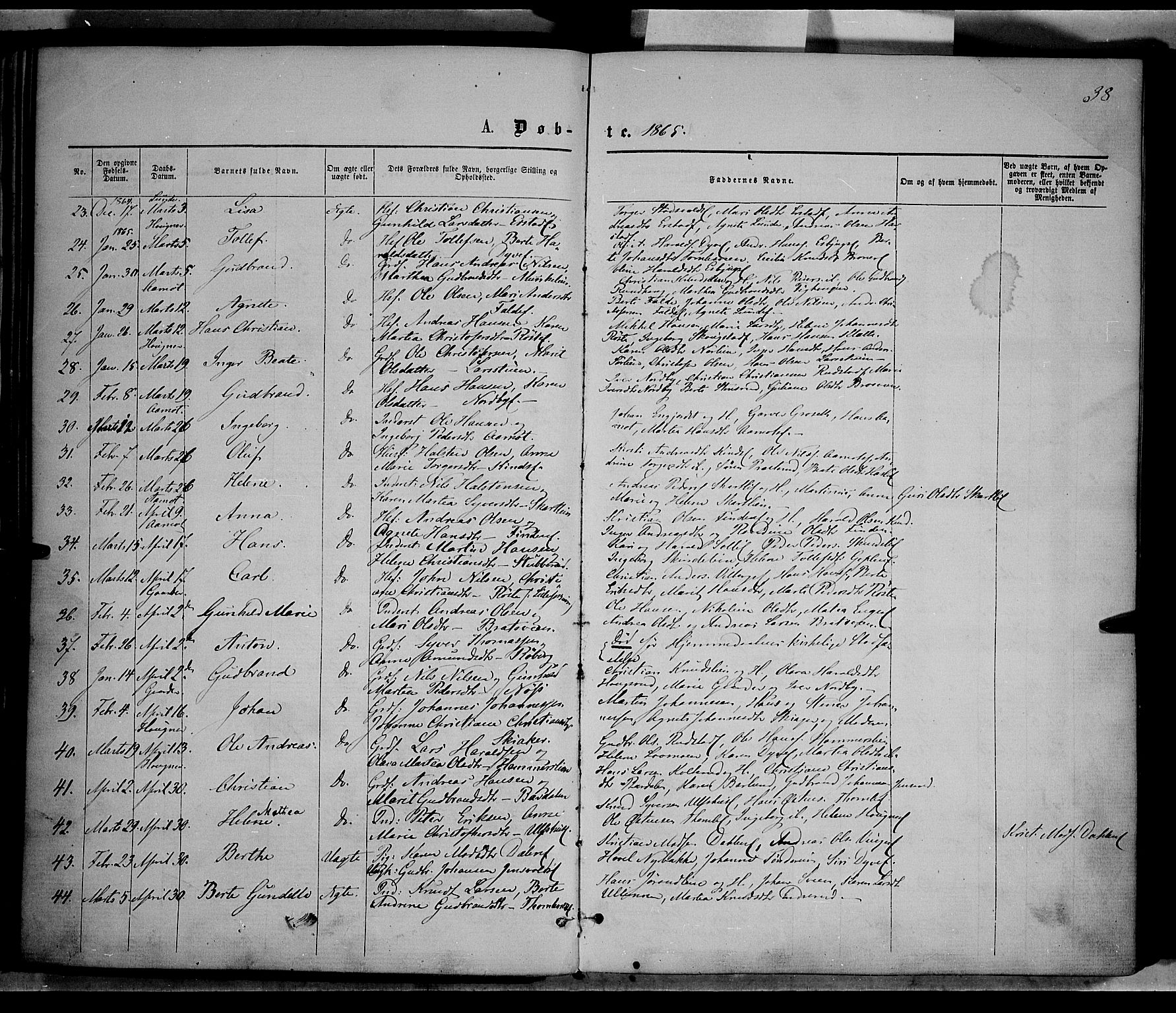 Nordre Land prestekontor, SAH/PREST-124/H/Ha/Haa/L0001: Parish register (official) no. 1, 1860-1871, p. 38