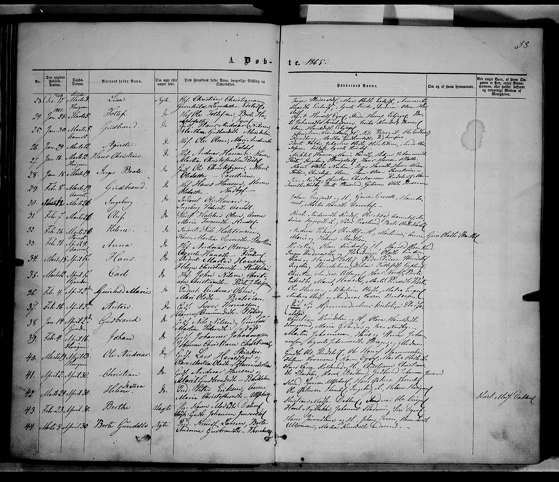 Nordre Land prestekontor, AV/SAH-PREST-124/H/Ha/Haa/L0001: Parish register (official) no. 1, 1860-1871, p. 38