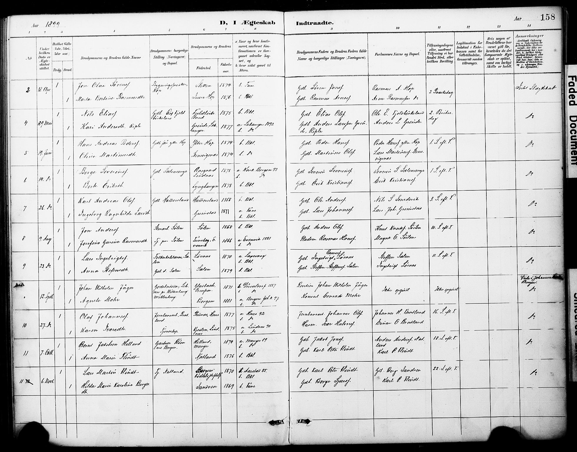 Fana Sokneprestembete, SAB/A-75101/H/Haa/Haai/L0002: Parish register (official) no. I 2, 1888-1899, p. 158