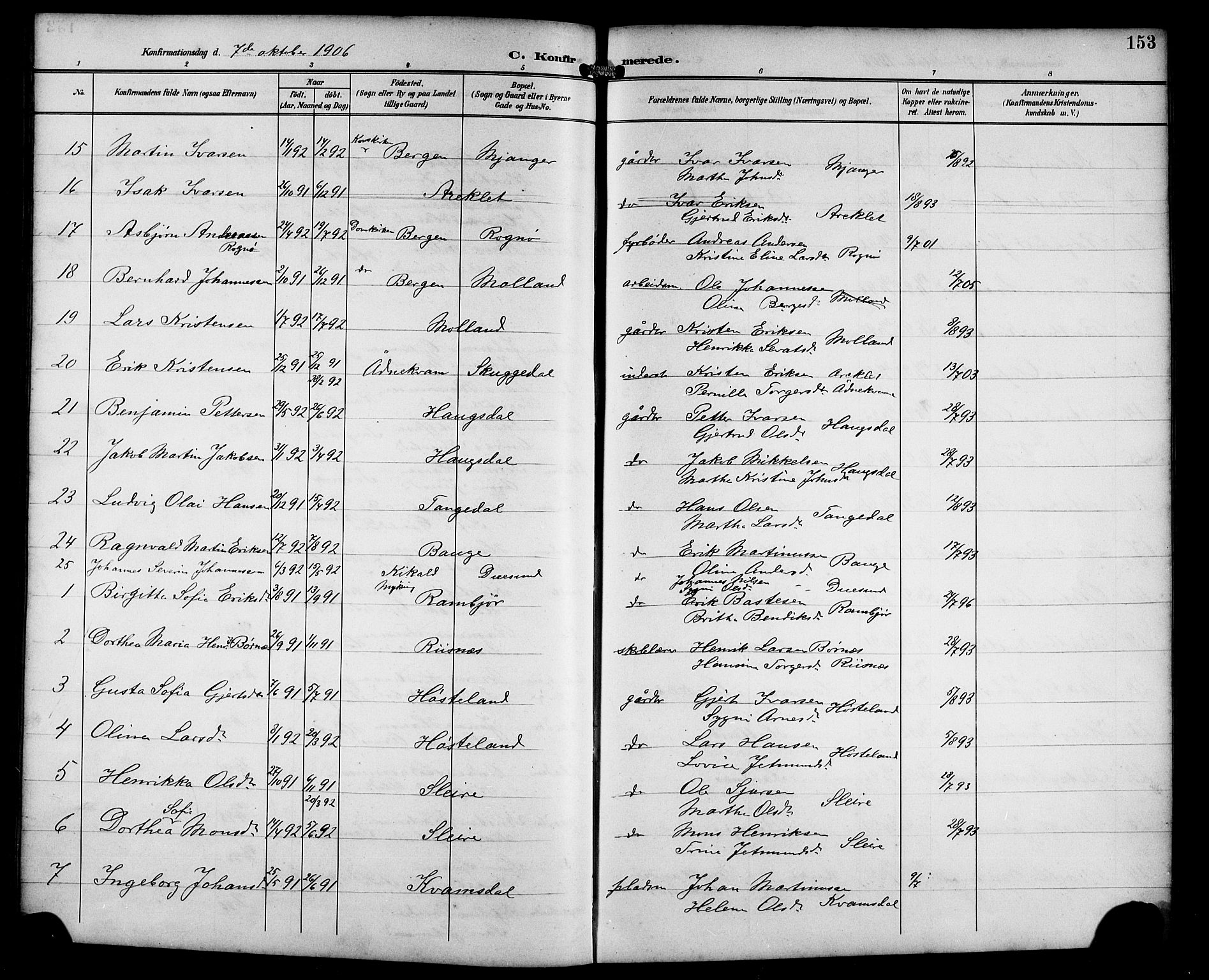 Masfjorden Sokneprestembete, AV/SAB-A-77001: Parish register (copy) no. B 1, 1892-1913, p. 153