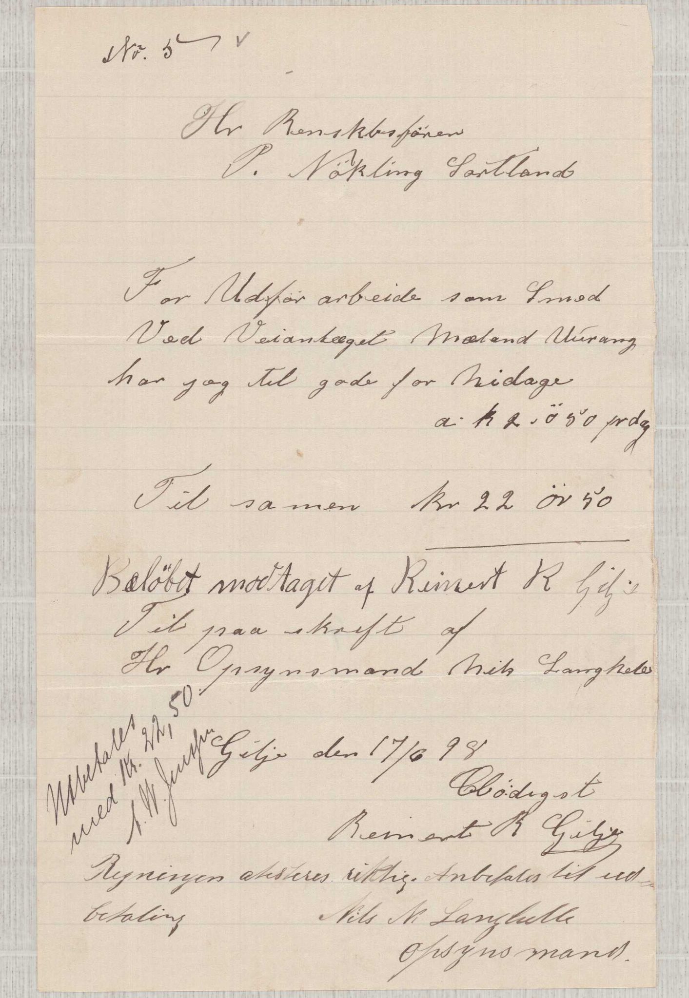 Finnaas kommune. Formannskapet, IKAH/1218a-021/E/Ea/L0002/0001: Rekneskap for veganlegg / Rekneskap for veganlegget Urangsvåg - Mælandsvåg, 1898-1900, p. 16