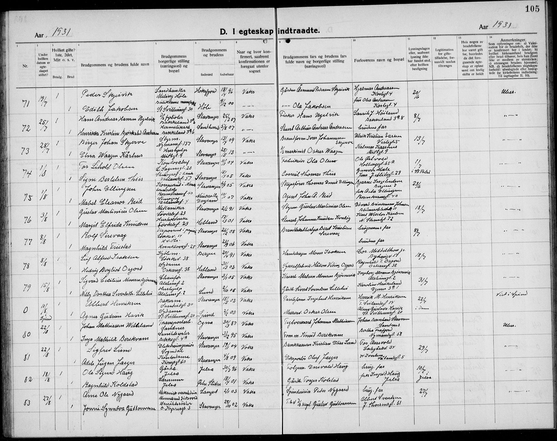 Domkirken sokneprestkontor, AV/SAST-A-101812/001/30/30BB/L0020: Parish register (copy) no. B 20, 1921-1937, p. 105