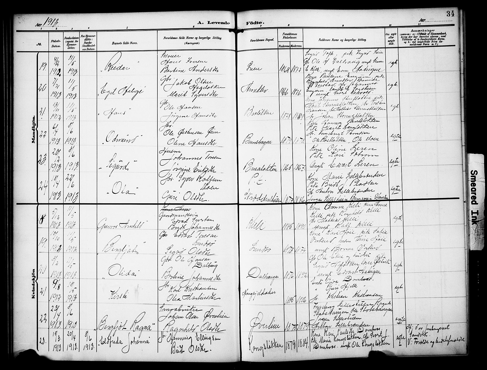 Dovre prestekontor, AV/SAH-PREST-066/H/Ha/Hab/L0003: Parish register (copy) no. 3, 1907-1929, p. 34