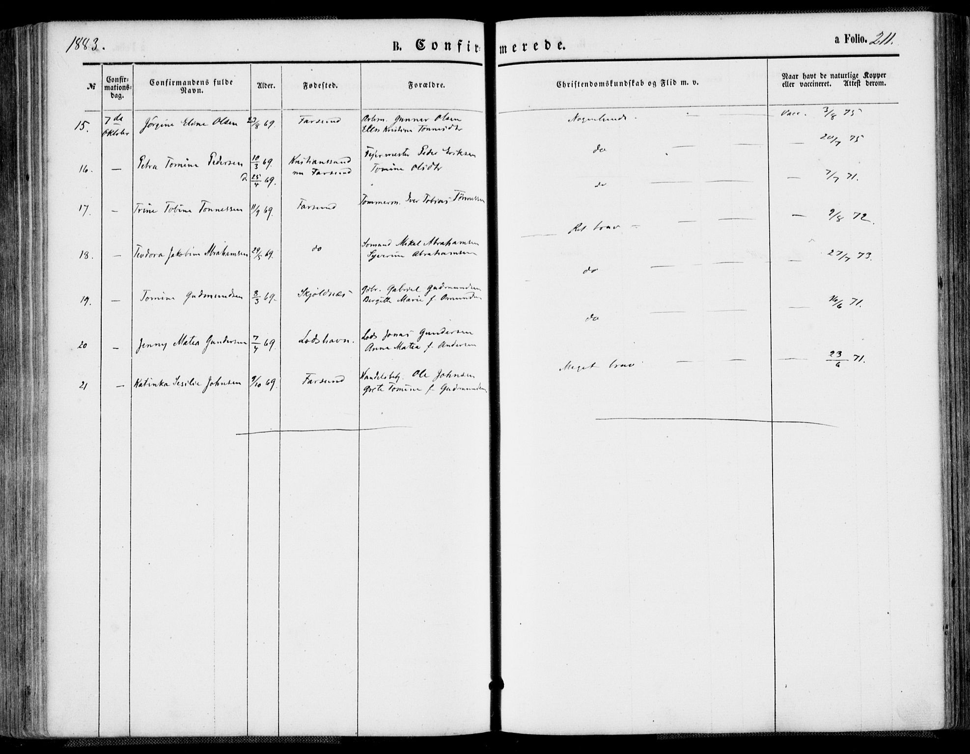 Farsund sokneprestkontor, AV/SAK-1111-0009/F/Fa/L0005: Parish register (official) no. A 5, 1863-1886, p. 211