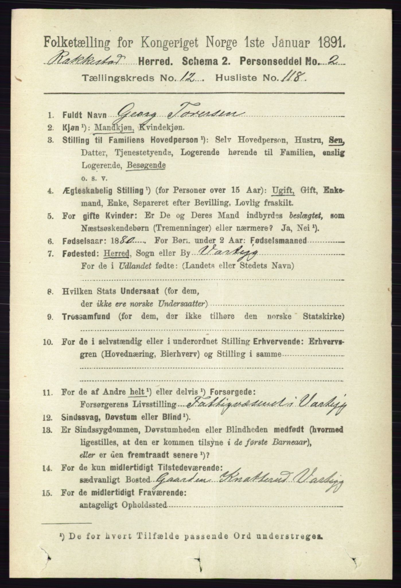 RA, 1891 census for 0128 Rakkestad, 1891, p. 6314