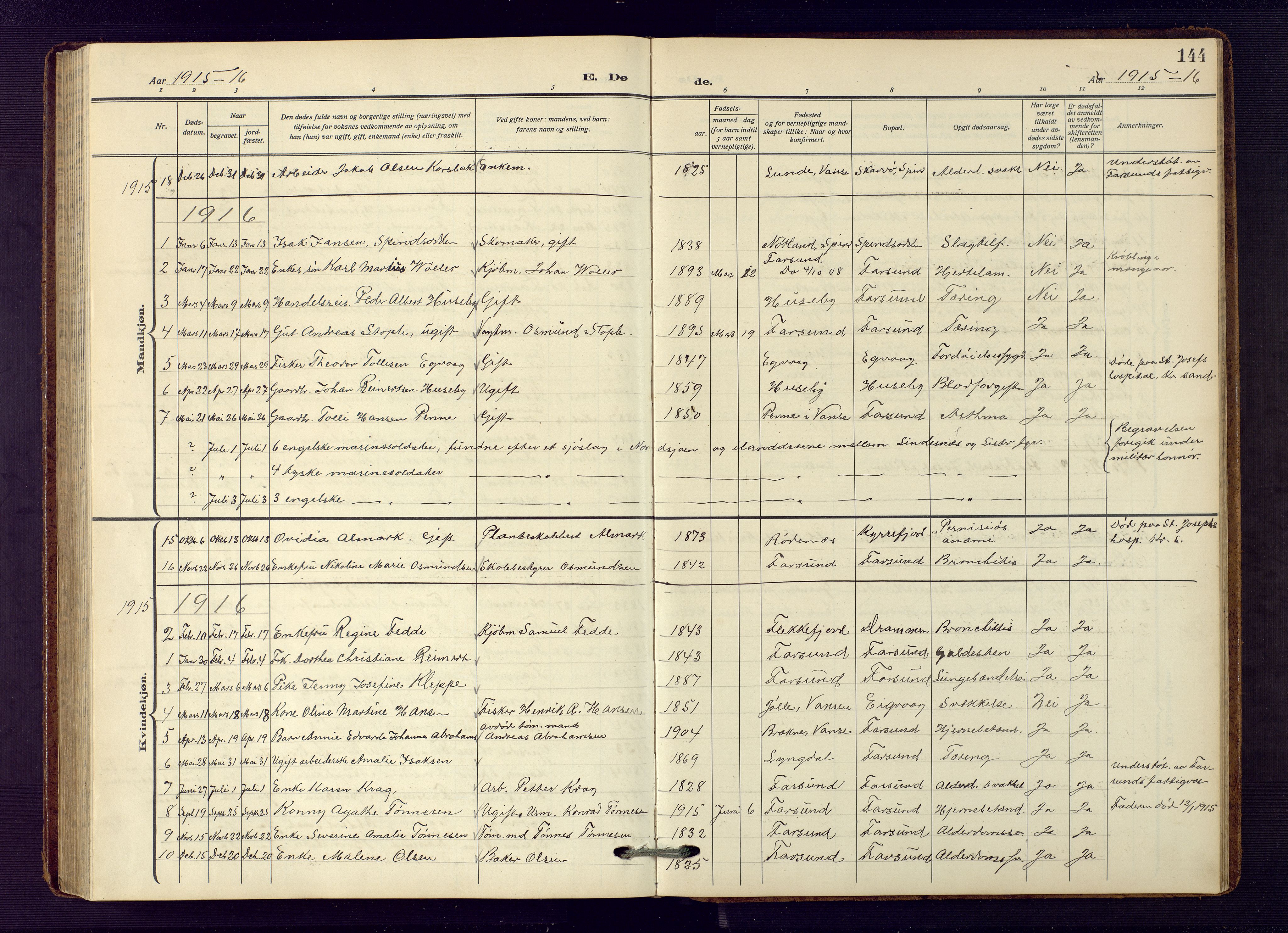 Farsund sokneprestkontor, SAK/1111-0009/F/Fb/L0002: Parish register (copy) no. B 2, 1914-1958, p. 144