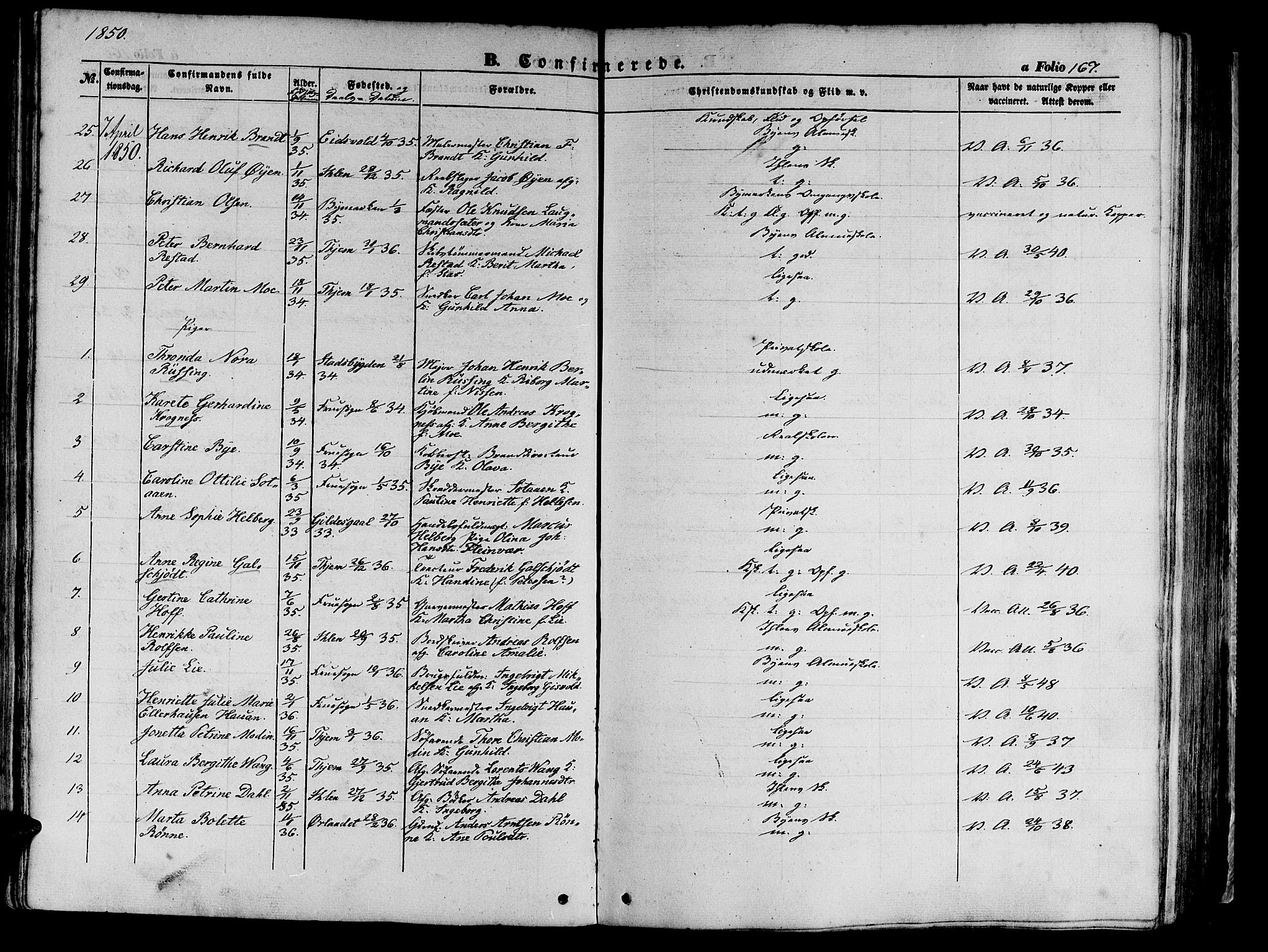 Ministerialprotokoller, klokkerbøker og fødselsregistre - Sør-Trøndelag, SAT/A-1456/602/L0137: Parish register (copy) no. 602C05, 1846-1856, p. 167
