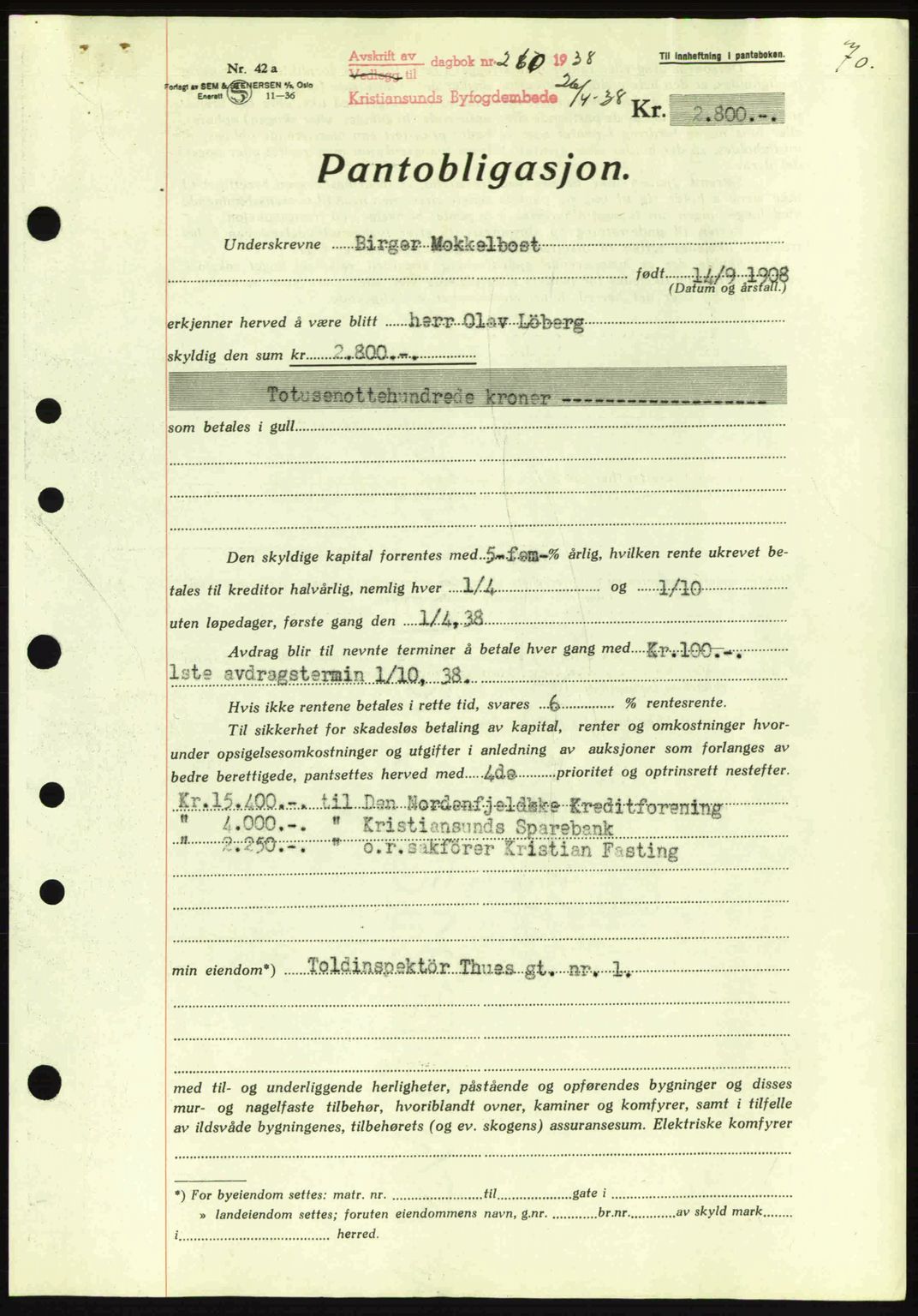 Kristiansund byfogd, SAT/A-4587/A/27: Mortgage book no. 31, 1938-1939, Diary no: : 260/1938