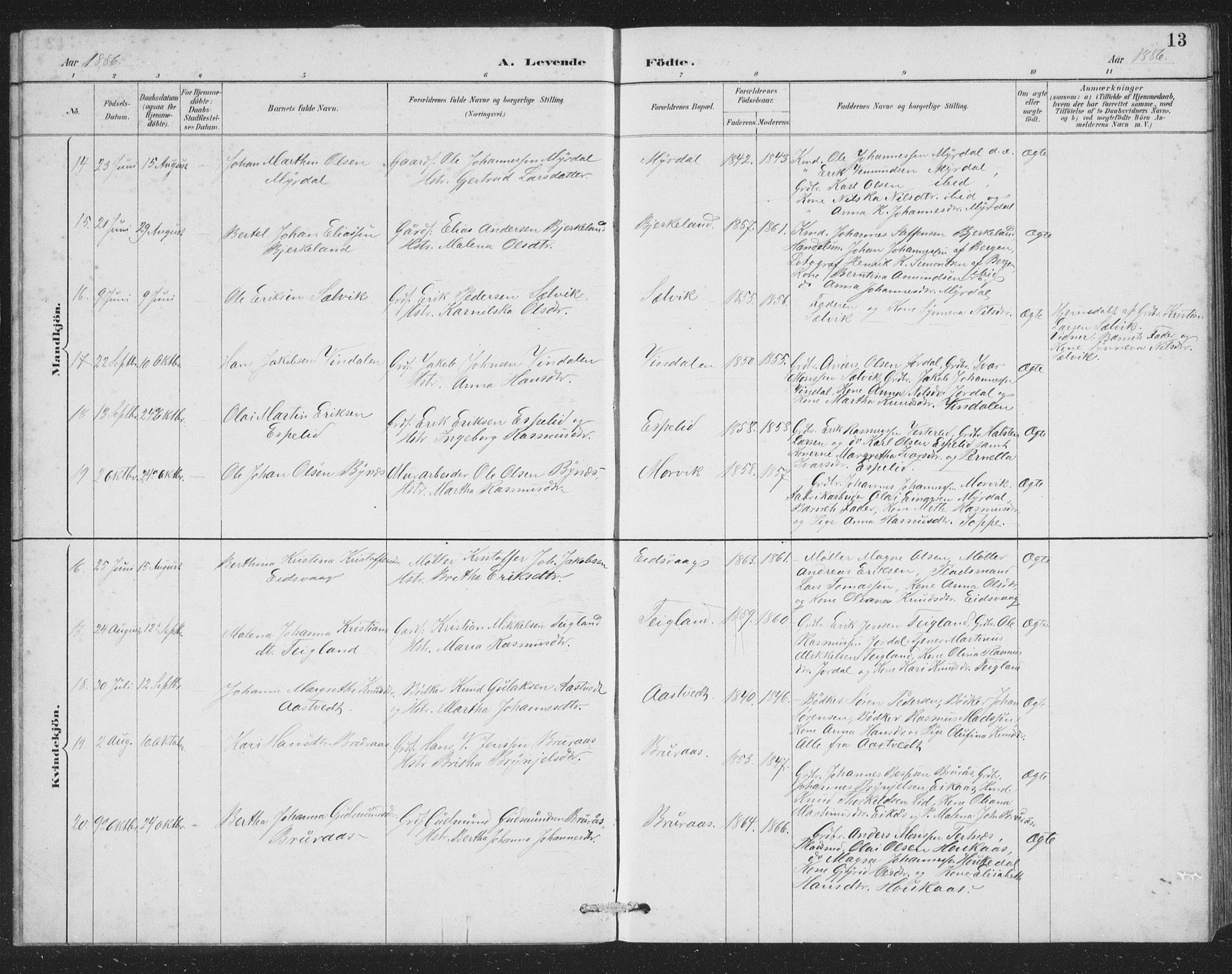 Åsane sokneprestembete, SAB/A-79401/H/Hab: Parish register (copy) no. A 2, 1885-1898, p. 13