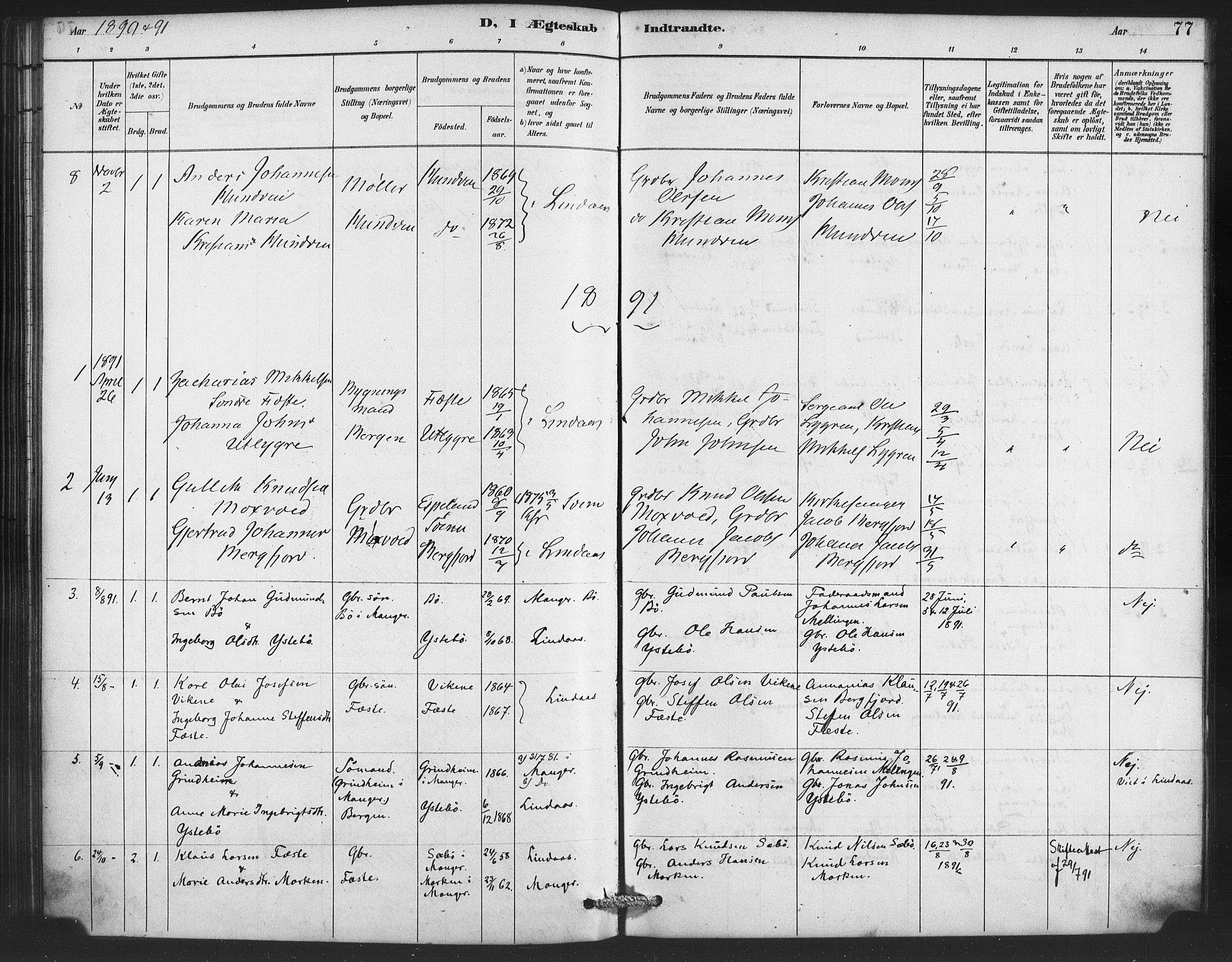 Lindås Sokneprestembete, SAB/A-76701/H/Haa: Parish register (official) no. E 1, 1886-1897, p. 77