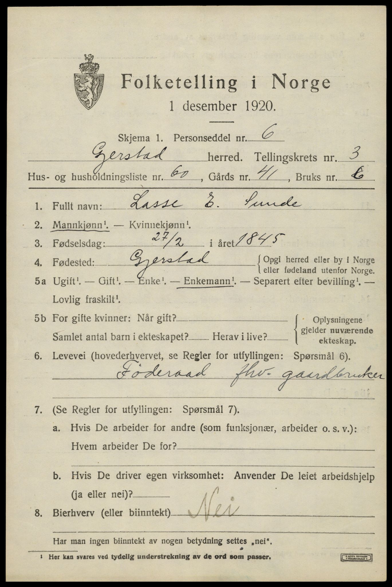 SAK, 1920 census for Gjerstad, 1920, p. 2703