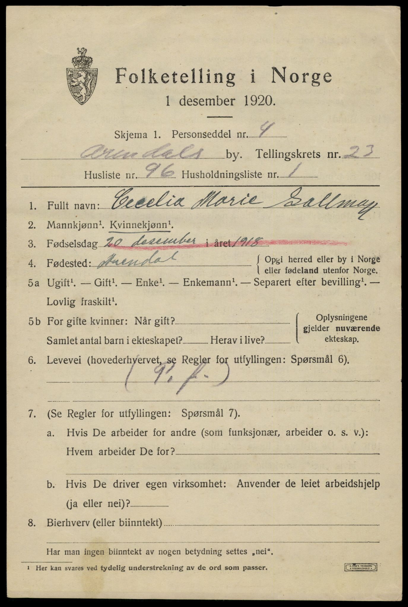 SAK, 1920 census for Arendal, 1920, p. 29790