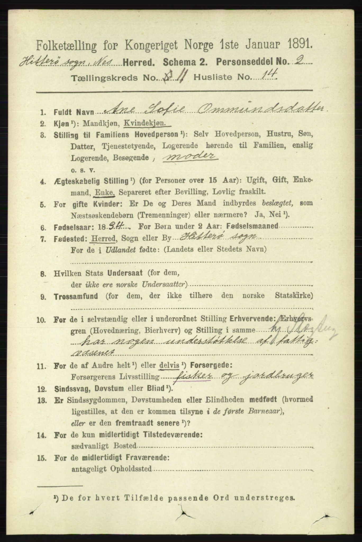 RA, 1891 census for 1043 Hidra og Nes, 1891, p. 4544