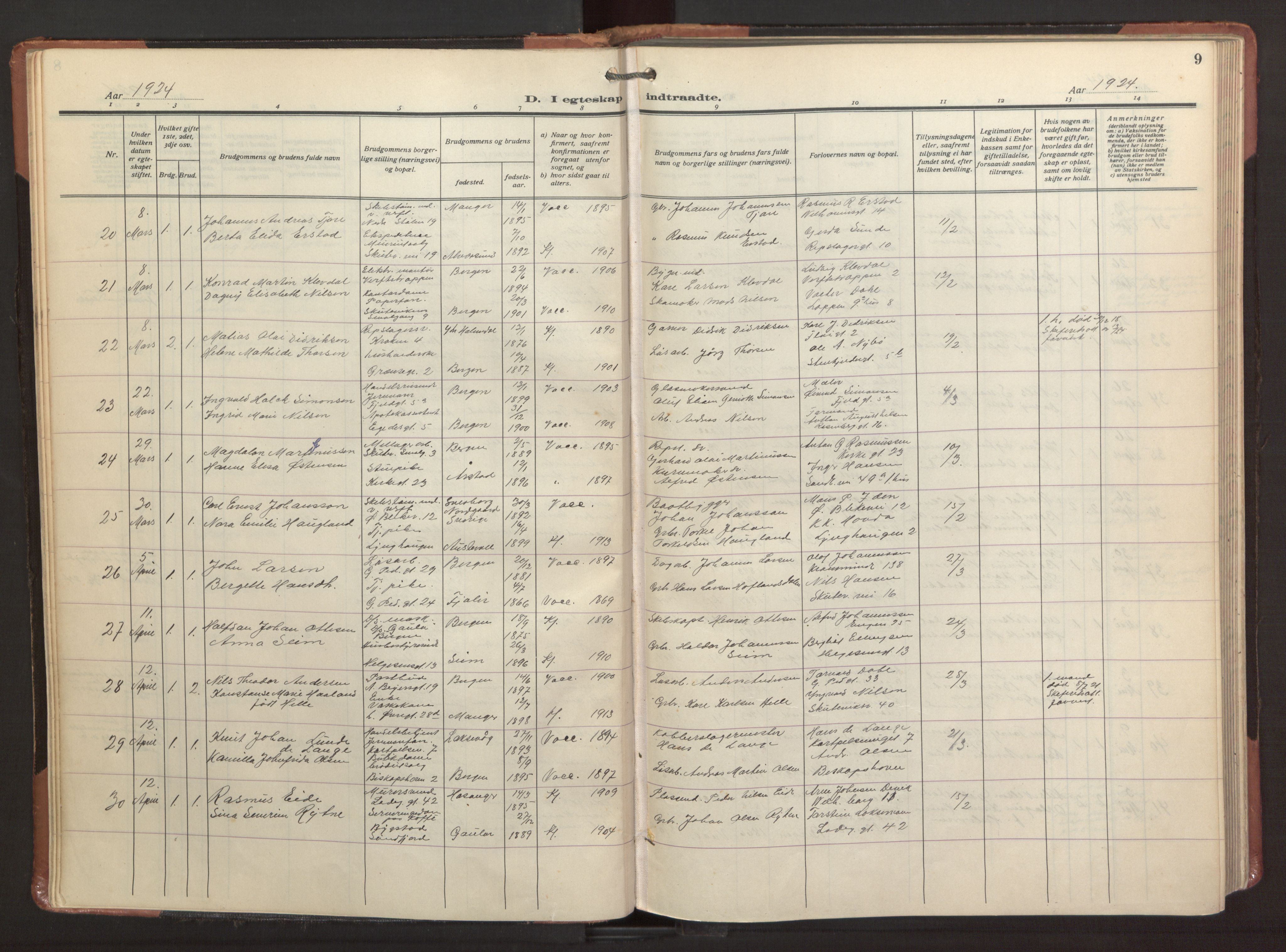 Sandviken Sokneprestembete, SAB/A-77601/H/Ha/L0016: Parish register (official) no. D 3, 1923-1940, p. 9