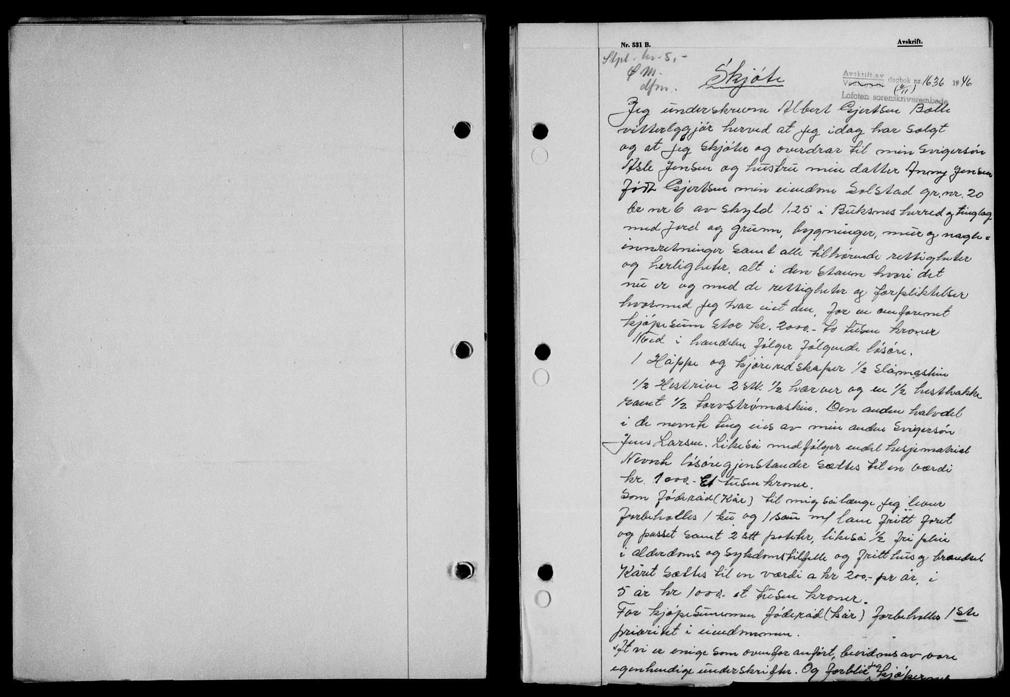 Lofoten sorenskriveri, SAT/A-0017/1/2/2C/L0015a: Mortgage book no. 15a, 1946-1947, Diary no: : 1636/1946