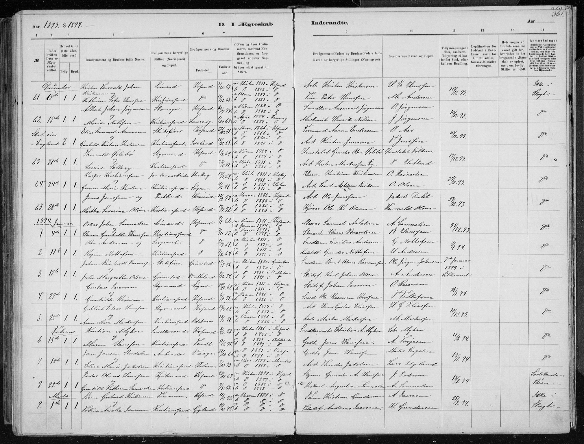 Kristiansand domprosti, SAK/1112-0006/F/Fb/L0014: Parish register (copy) no. B 14, 1881-1896, p. 361