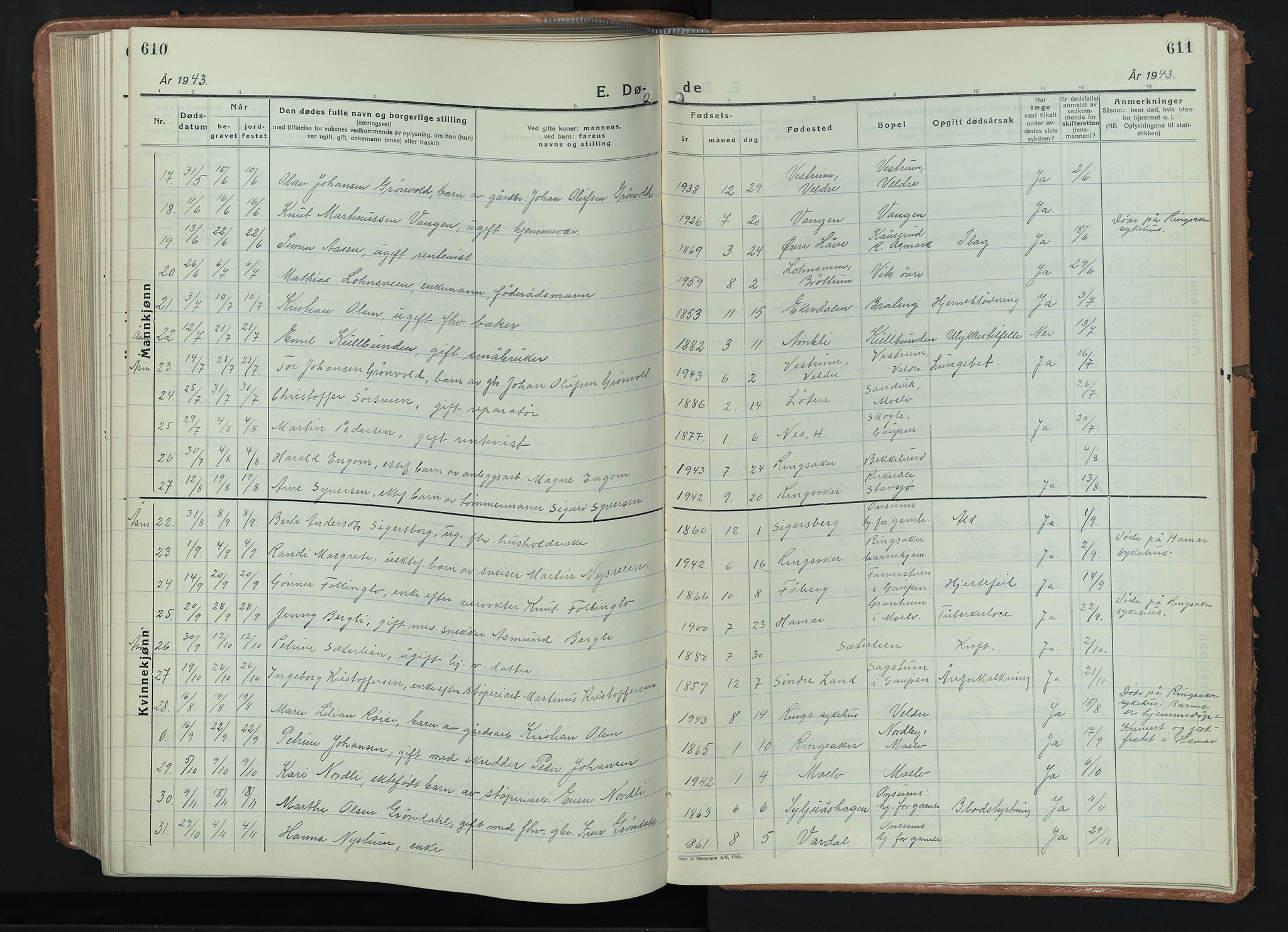 Ringsaker prestekontor, AV/SAH-PREST-014/L/La/L0020: Parish register (copy) no. 20, 1934-1946, p. 610-611