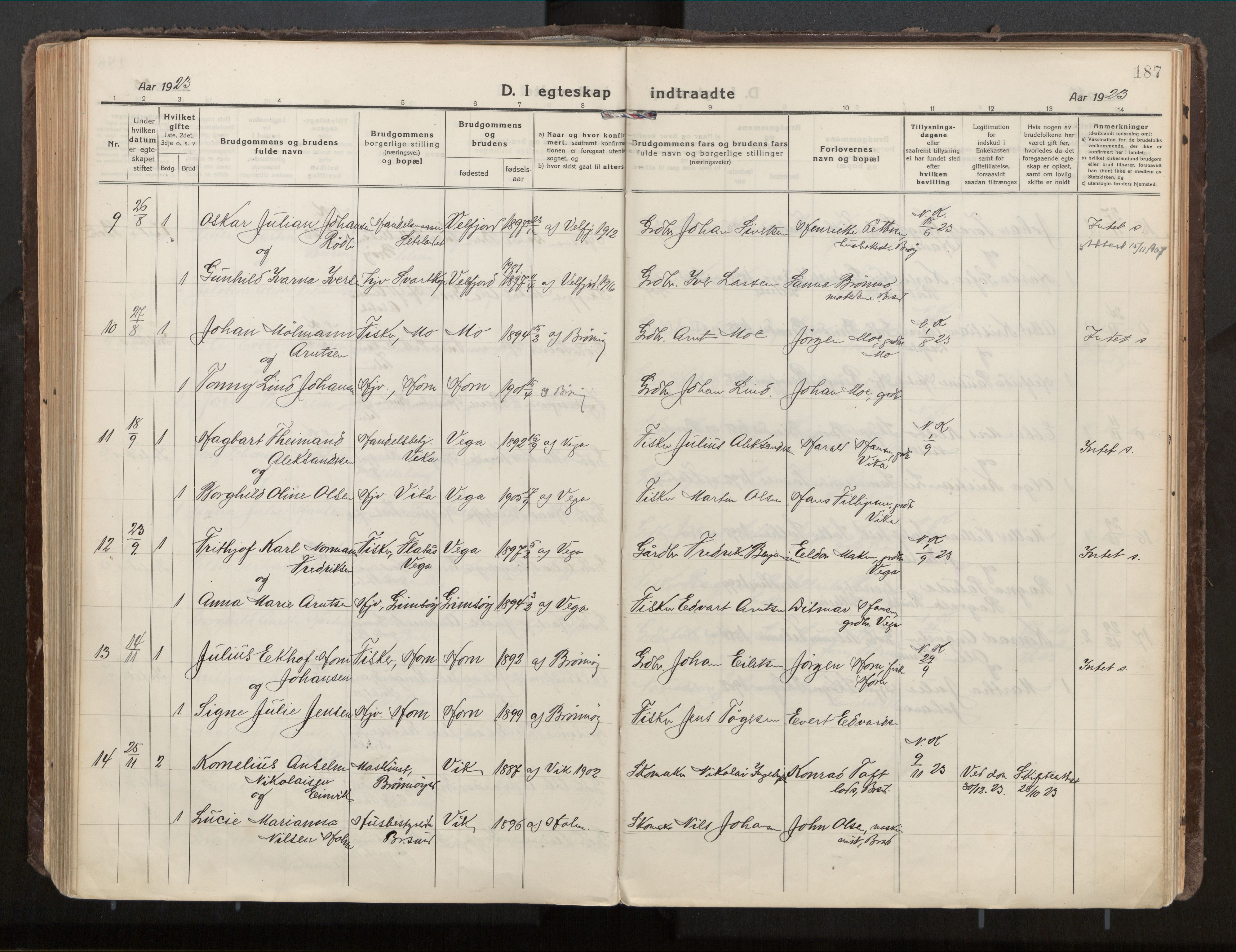 Ministerialprotokoller, klokkerbøker og fødselsregistre - Nordland, SAT/A-1459/813/L0207a: Parish register (official) no. 813A18, 1919-1927, p. 187