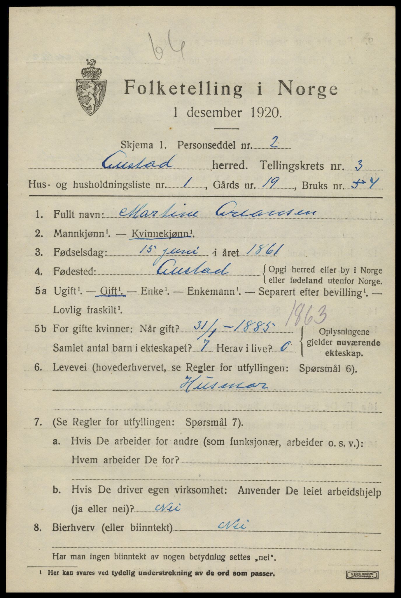 SAK, 1920 census for Austad, 1920, p. 1033