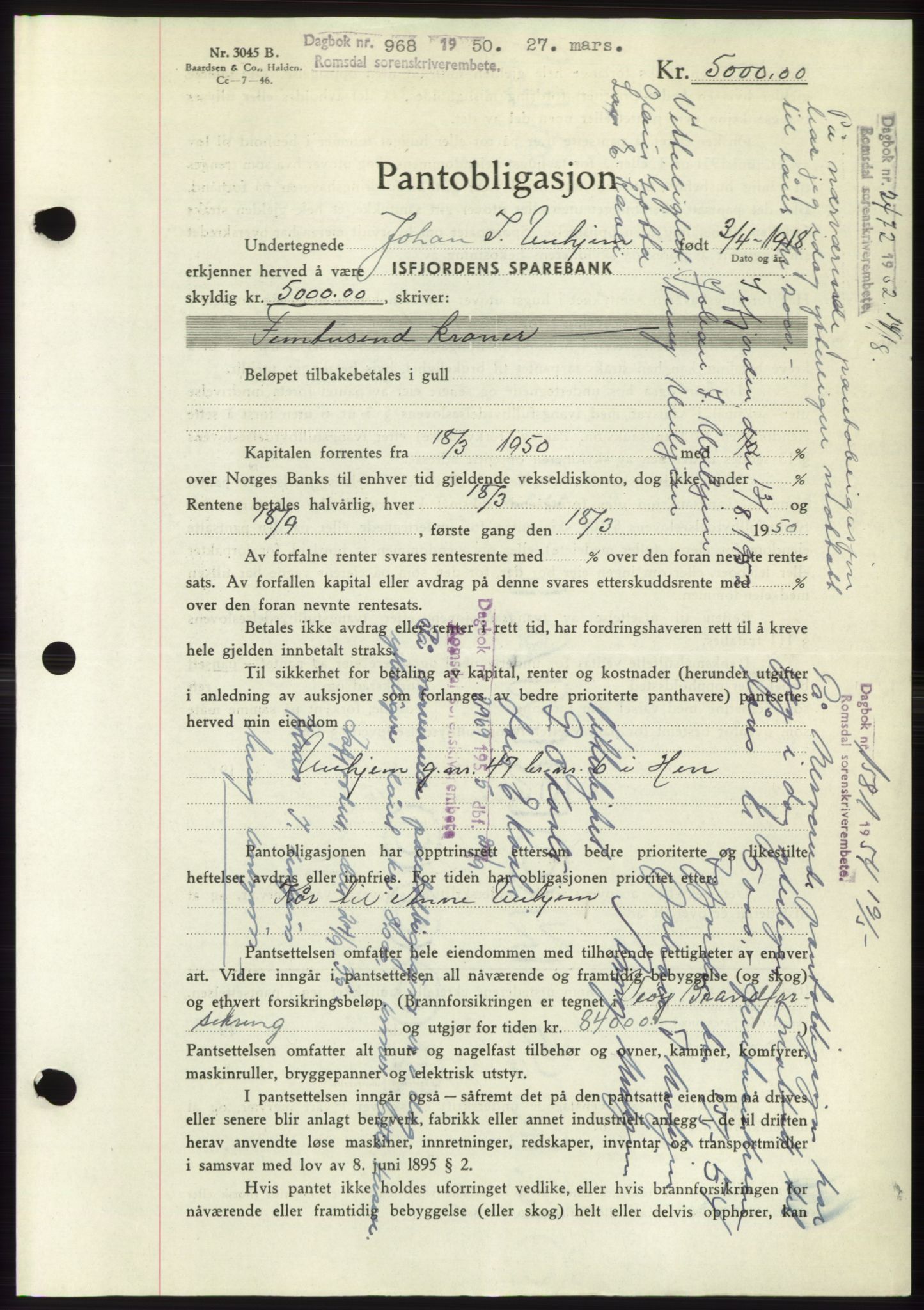 Romsdal sorenskriveri, AV/SAT-A-4149/1/2/2C: Mortgage book no. B5, 1949-1950, Diary no: : 968/1950