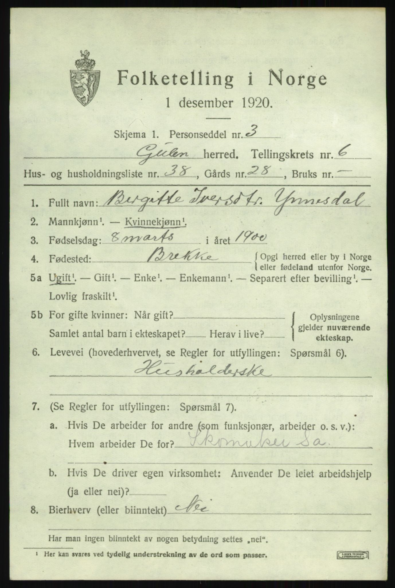 SAB, 1920 census for Gulen, 1920, p. 2991