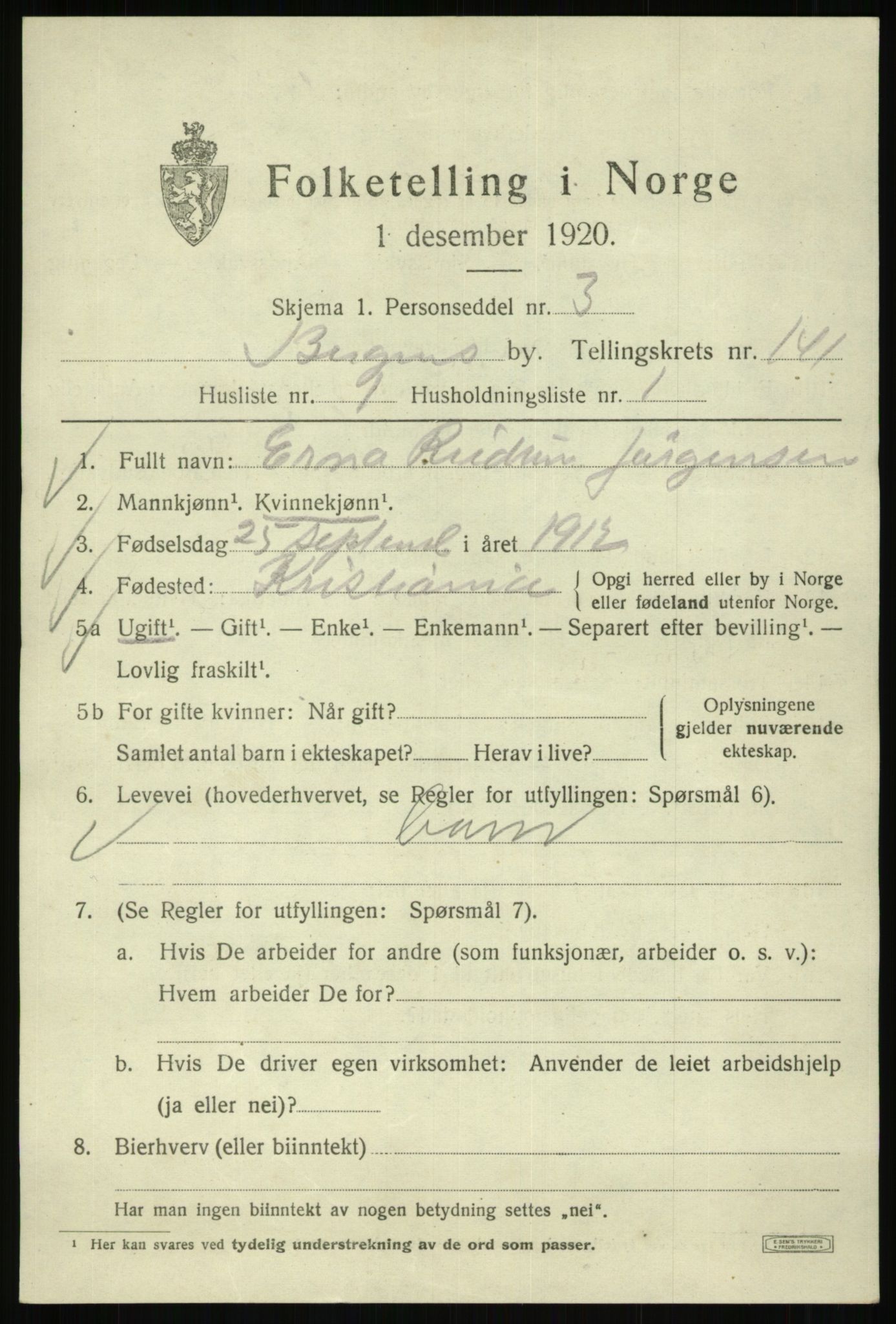 SAB, 1920 census for Bergen, 1920, p. 236134