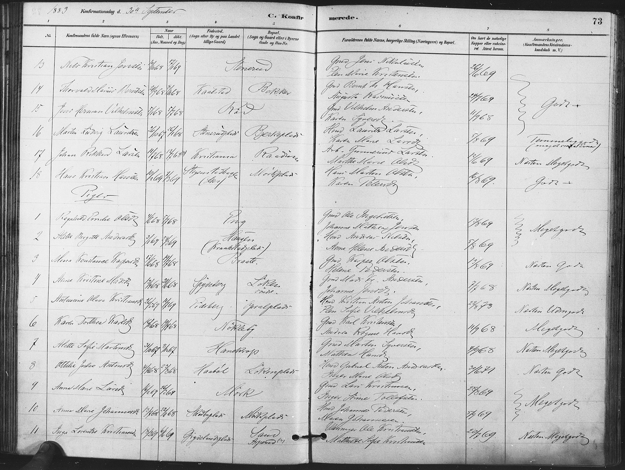 Kråkstad prestekontor Kirkebøker, AV/SAO-A-10125a/F/Fa/L0009: Parish register (official) no. I 9, 1880-1892, p. 73