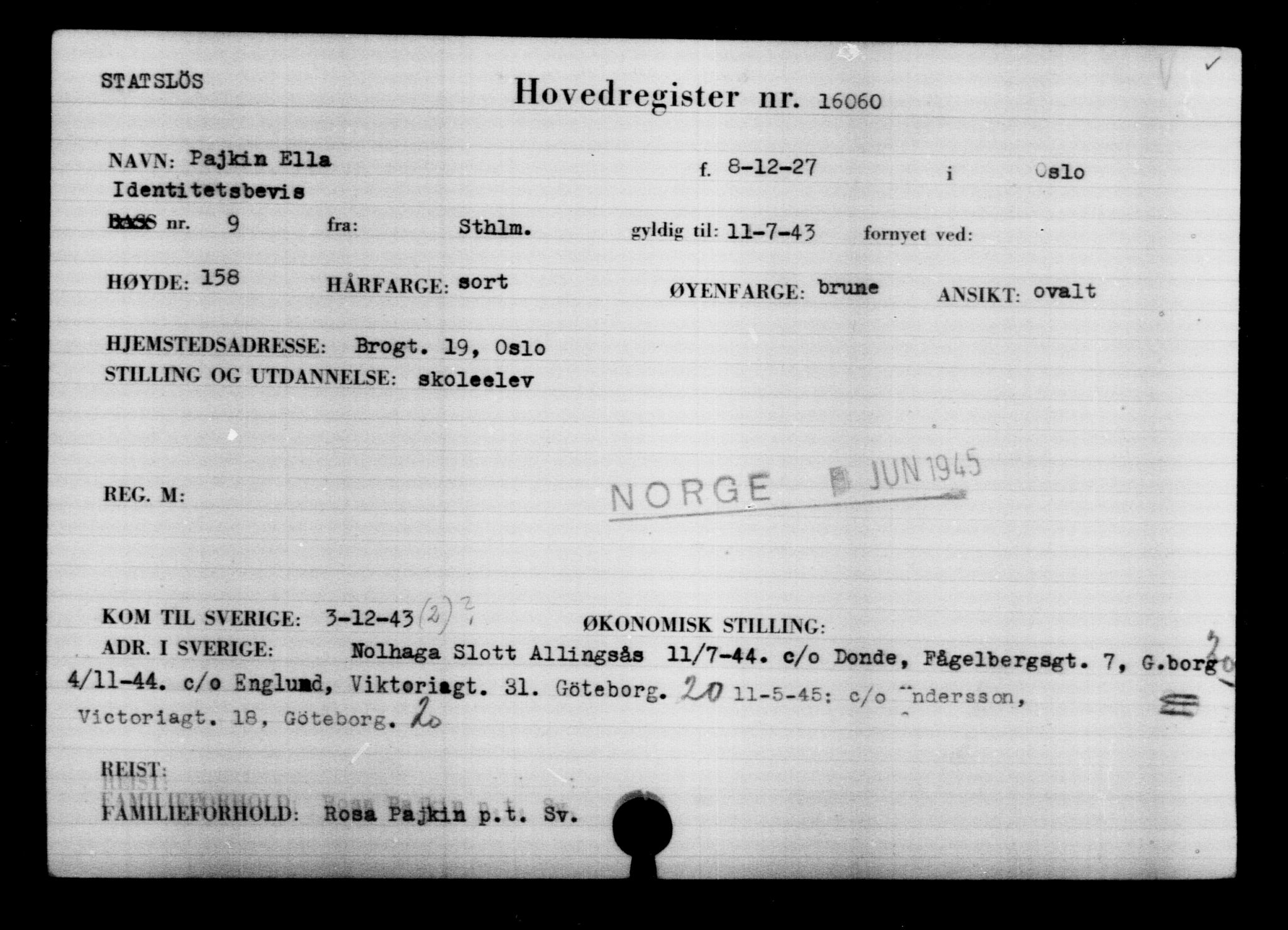 Utenriksstasjonene, Legasjonen i Stockholm, Flyktningkontoret, AV/RA-S-6753/V/Va/L0008: Kjesäterkartoteket, flyktninger med registreringsnr. 15700-18547, 1940-1945, p. 393