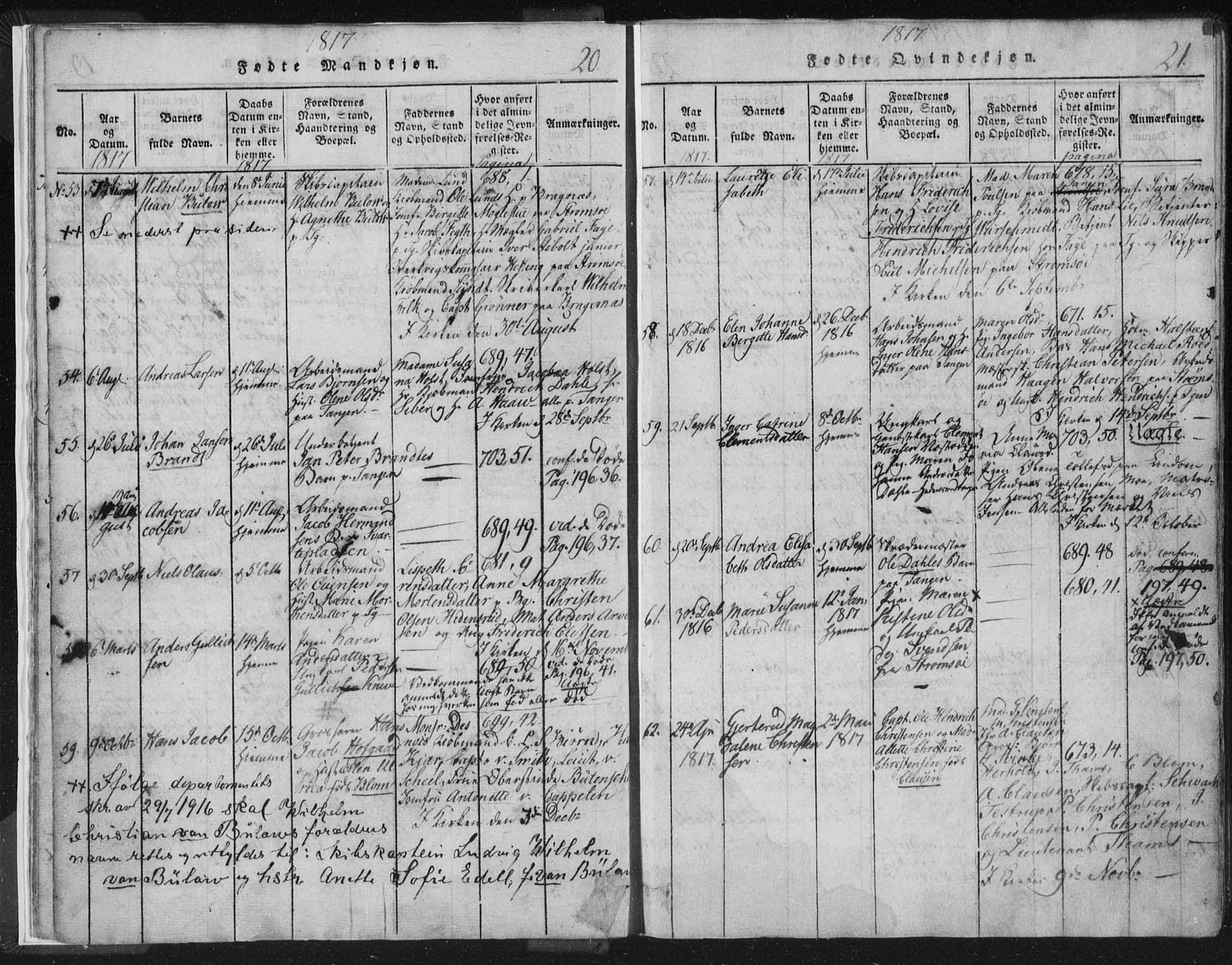 Strømsø kirkebøker, AV/SAKO-A-246/F/Fb/L0004: Parish register (official) no. II 4, 1814-1843, p. 20-21