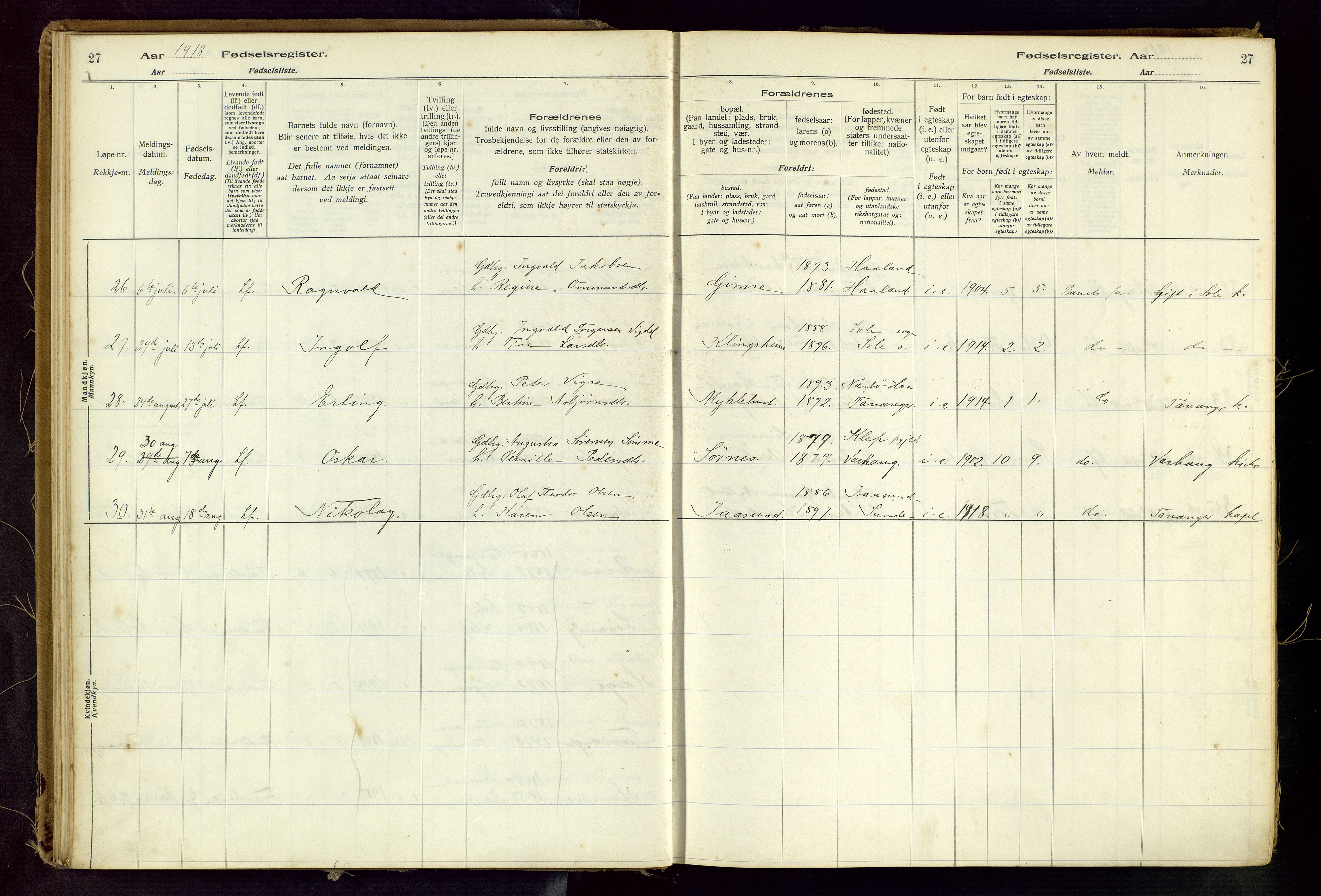 Håland sokneprestkontor, AV/SAST-A-101802/001/704BA/L0001: Birth register no. 1, 1916-1936, p. 27