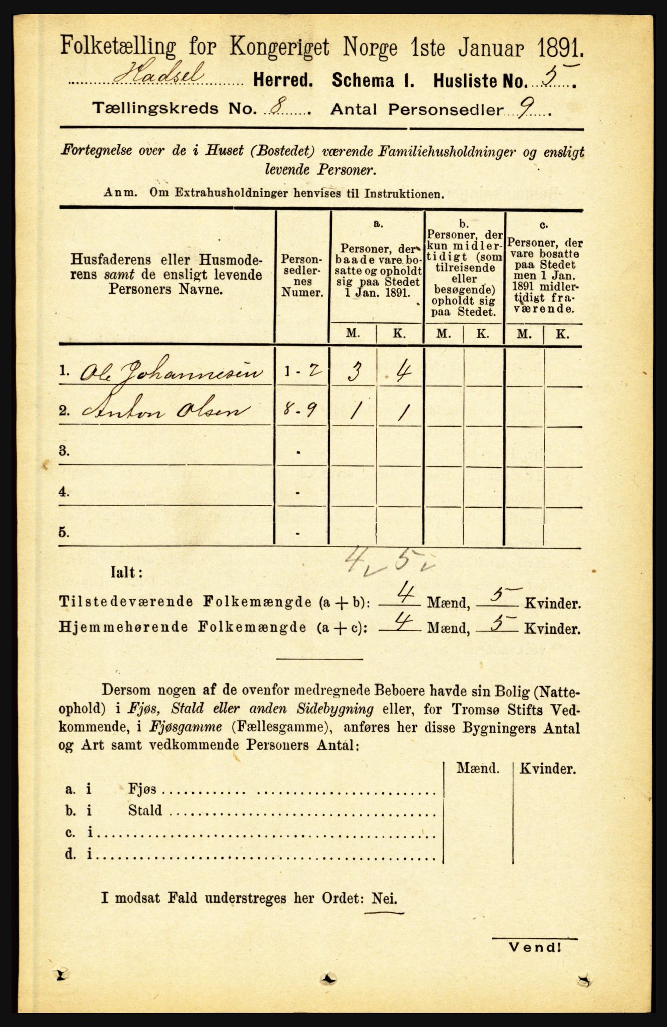 RA, 1891 census for 1866 Hadsel, 1891, p. 3536