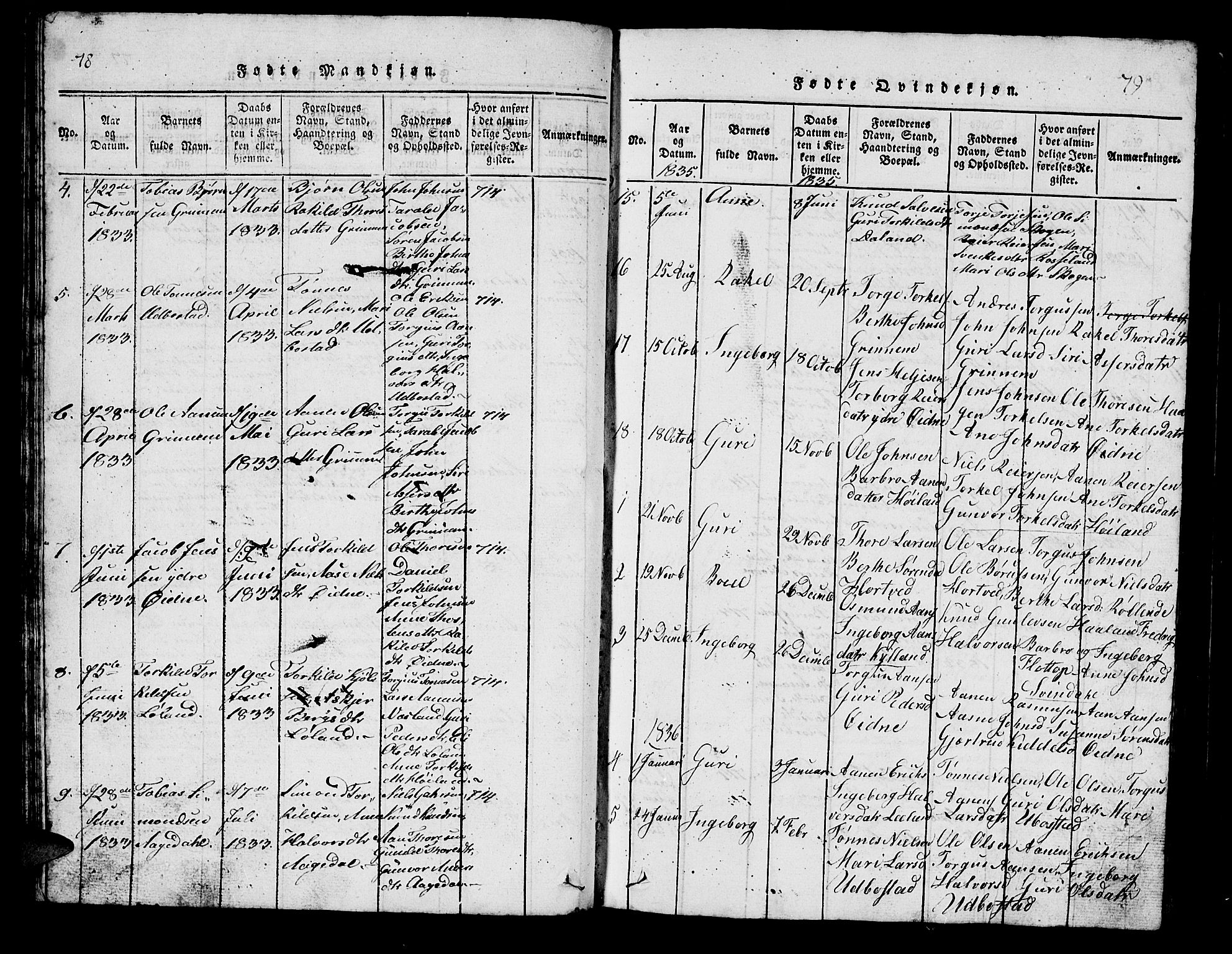 Bjelland sokneprestkontor, SAK/1111-0005/F/Fb/Fbc/L0001: Parish register (copy) no. B 1, 1815-1870, p. 78-79