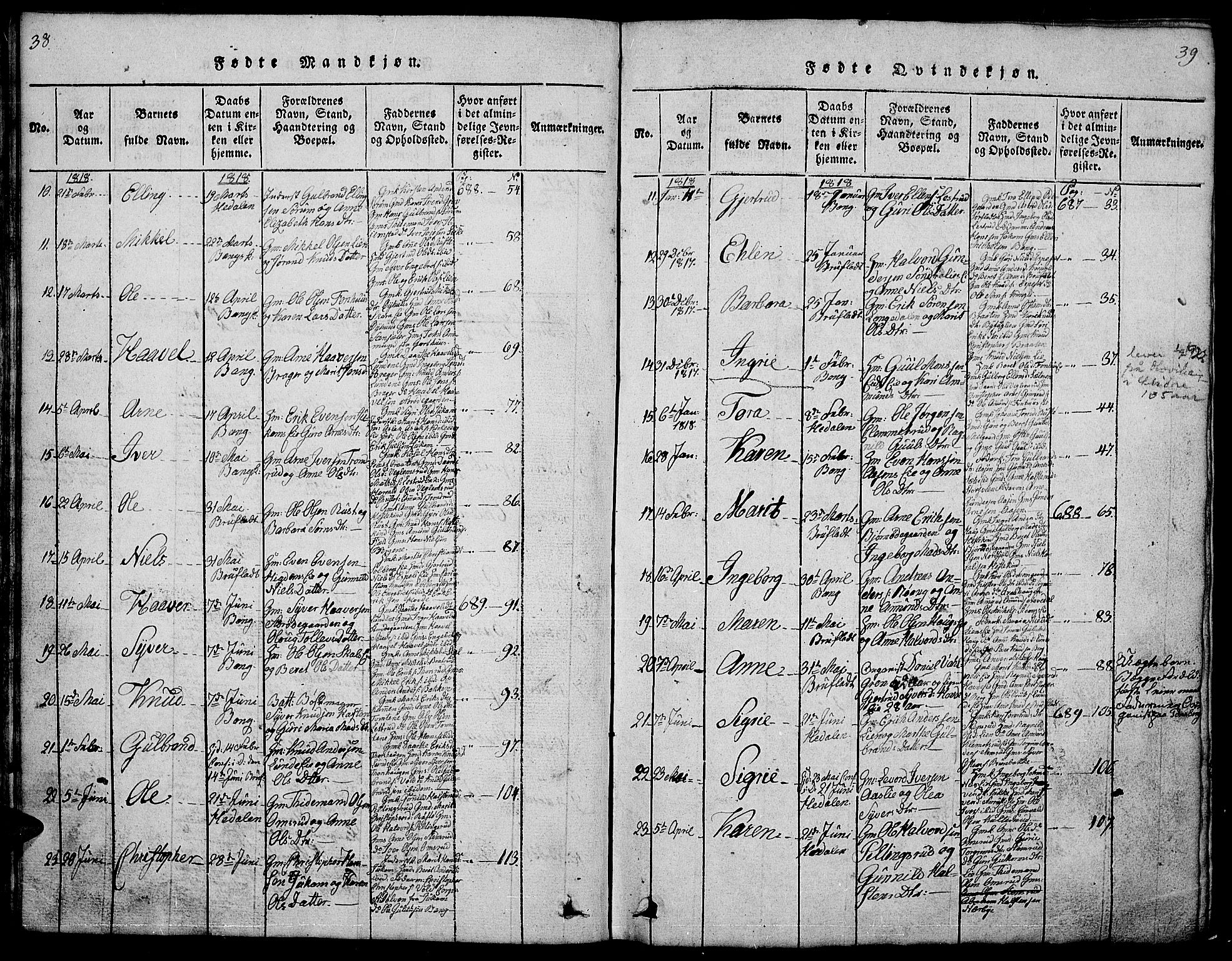 Sør-Aurdal prestekontor, SAH/PREST-128/H/Ha/Hab/L0001: Parish register (copy) no. 1, 1815-1826, p. 38-39