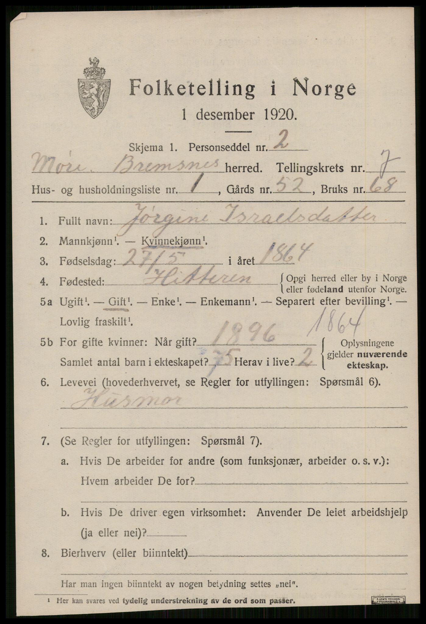 SAT, 1920 census for Bremsnes, 1920, p. 5527