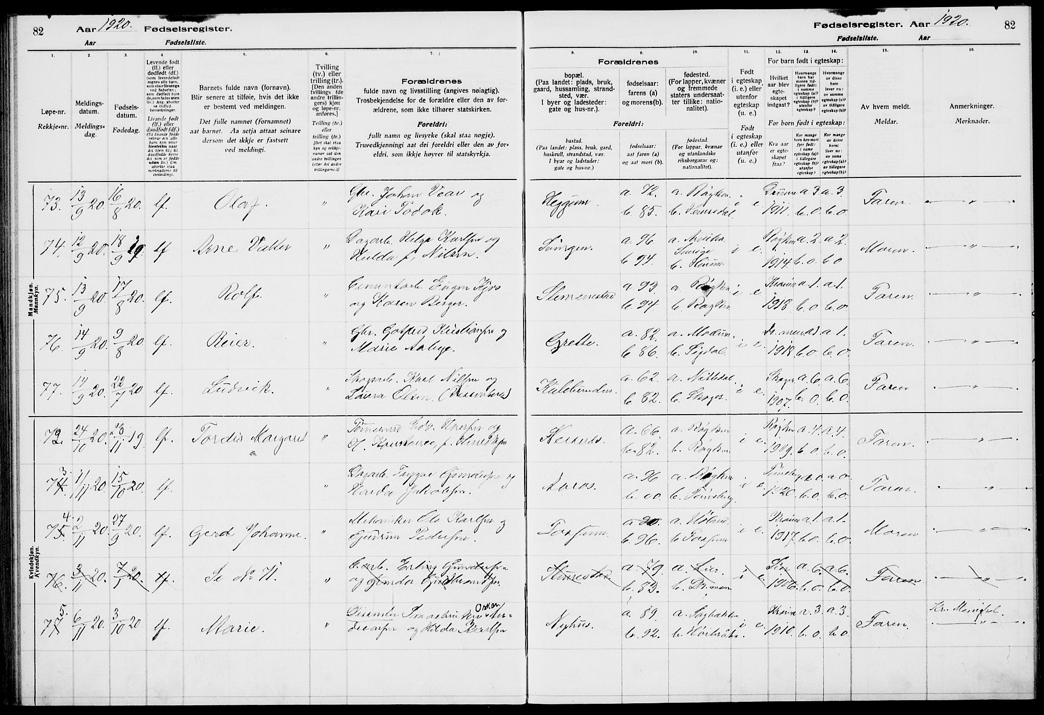 Røyken kirkebøker, AV/SAKO-A-241/J/Ja/L0001: Birth register no. 1, 1916-1927, p. 82