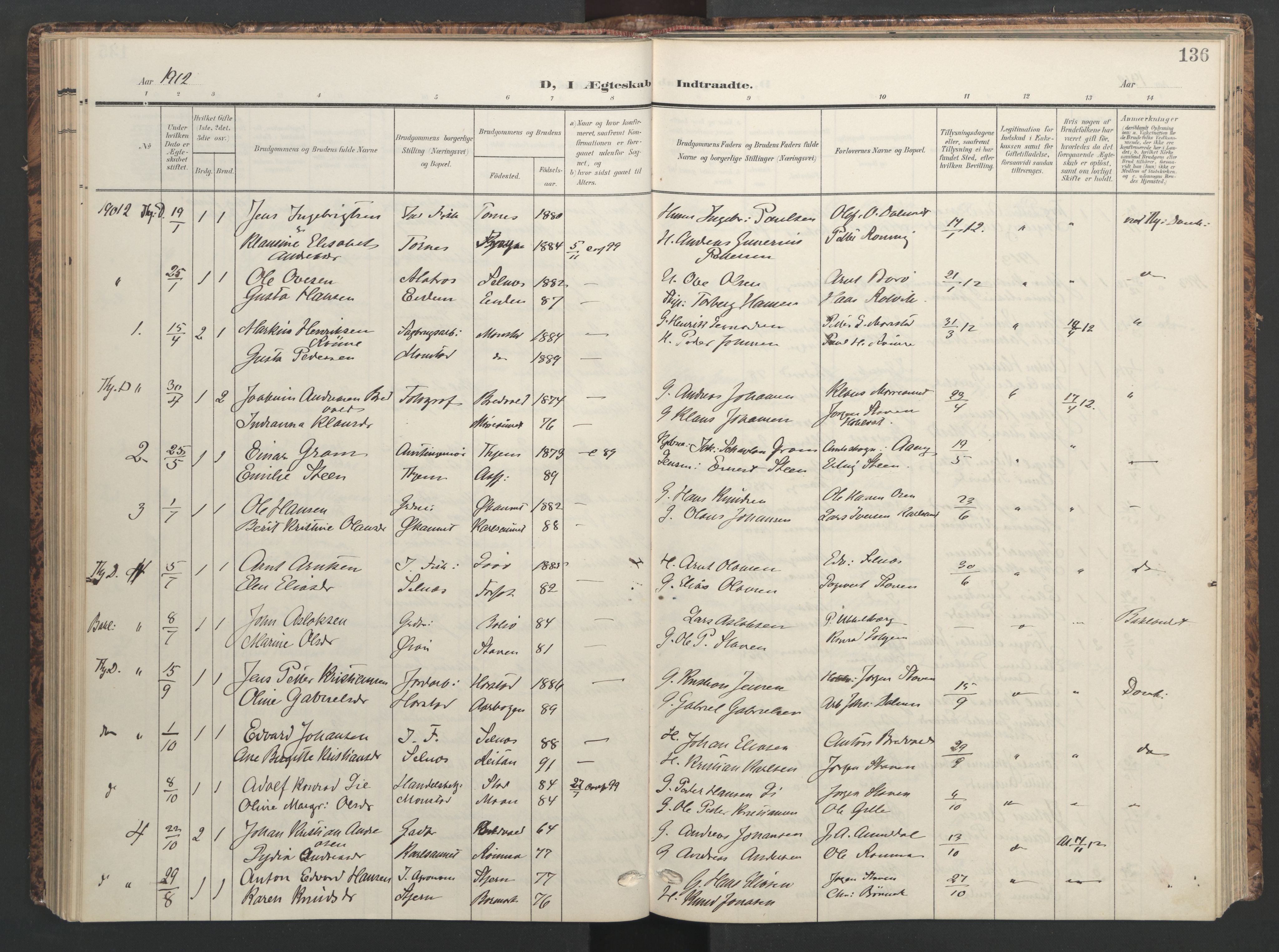 Ministerialprotokoller, klokkerbøker og fødselsregistre - Sør-Trøndelag, SAT/A-1456/655/L0682: Parish register (official) no. 655A11, 1908-1922, p. 136