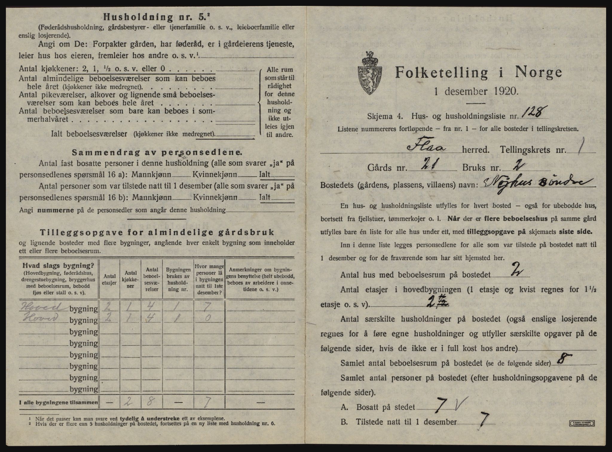 SAT, 1920 census for Flå, 1920, p. 270