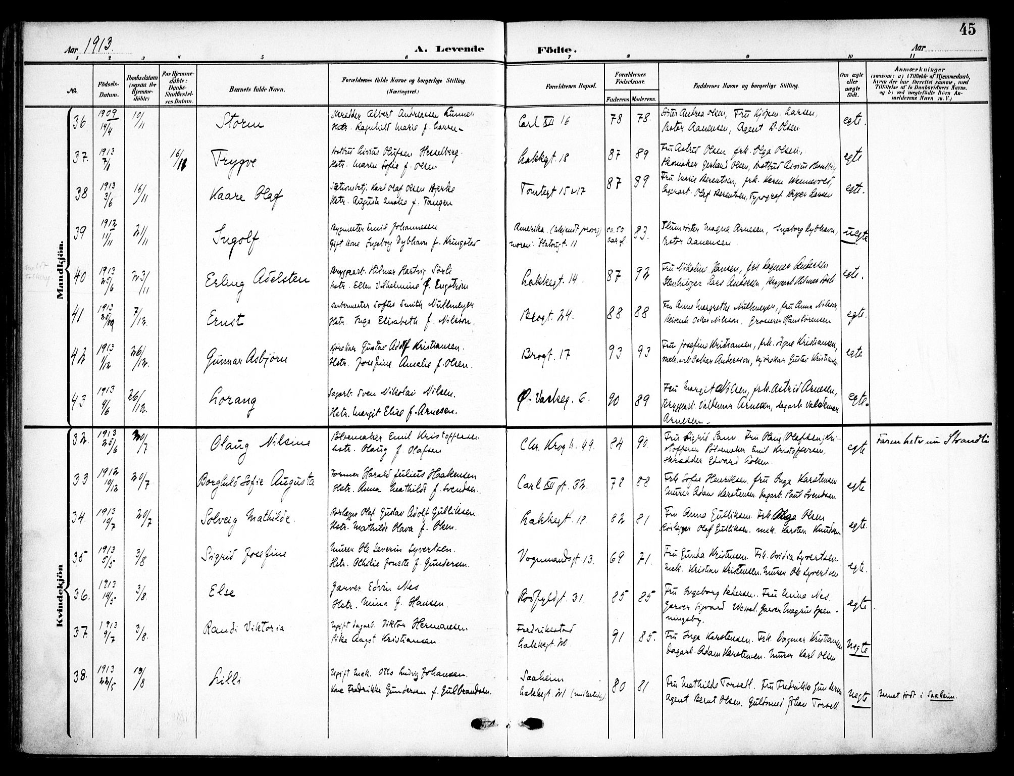 Vaterland prestekontor Kirkebøker, AV/SAO-A-10880/F/Fa/L0001: Parish register (official) no. 1, 1907-1930, p. 45