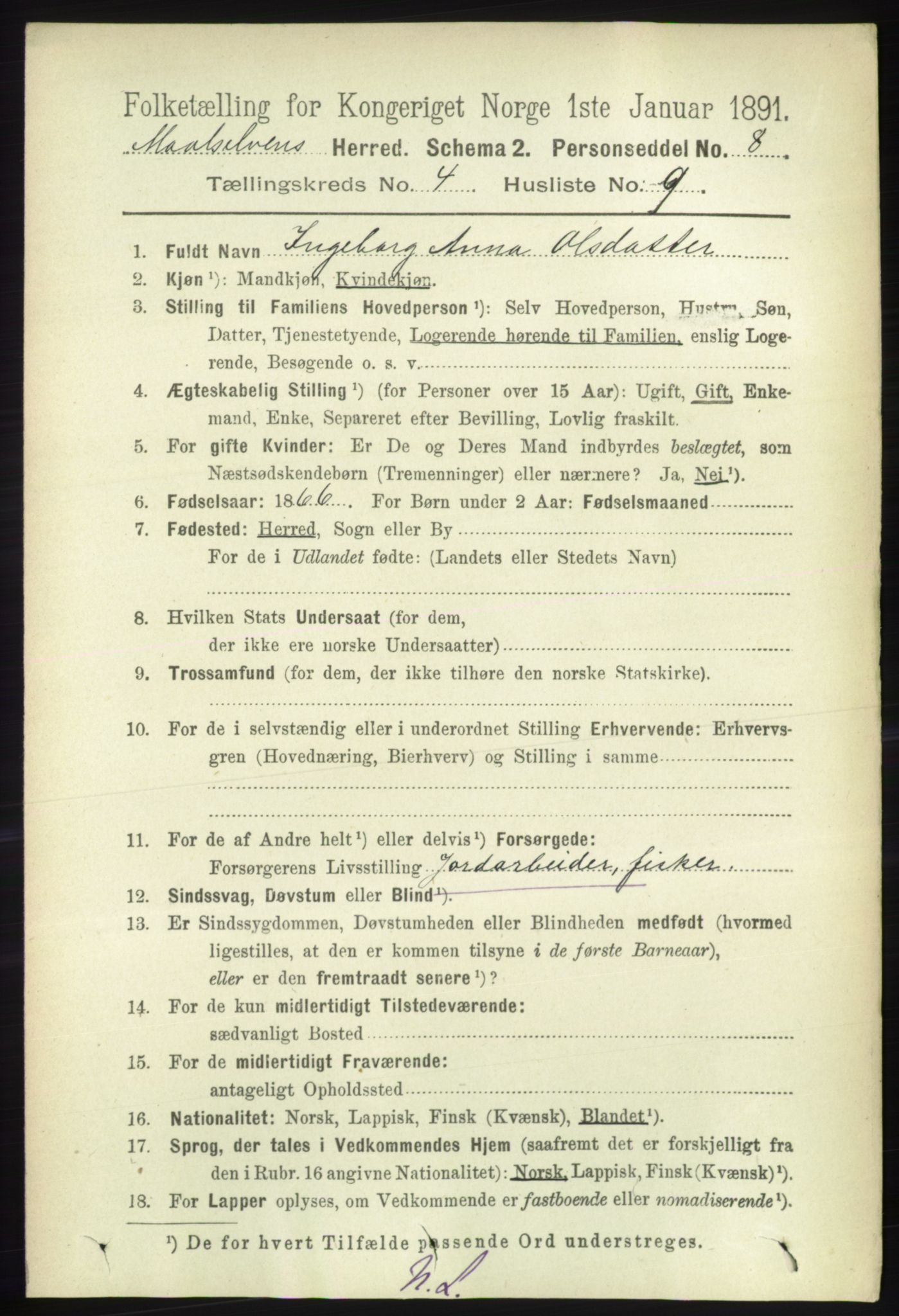 RA, 1891 census for 1924 Målselv, 1891, p. 1140