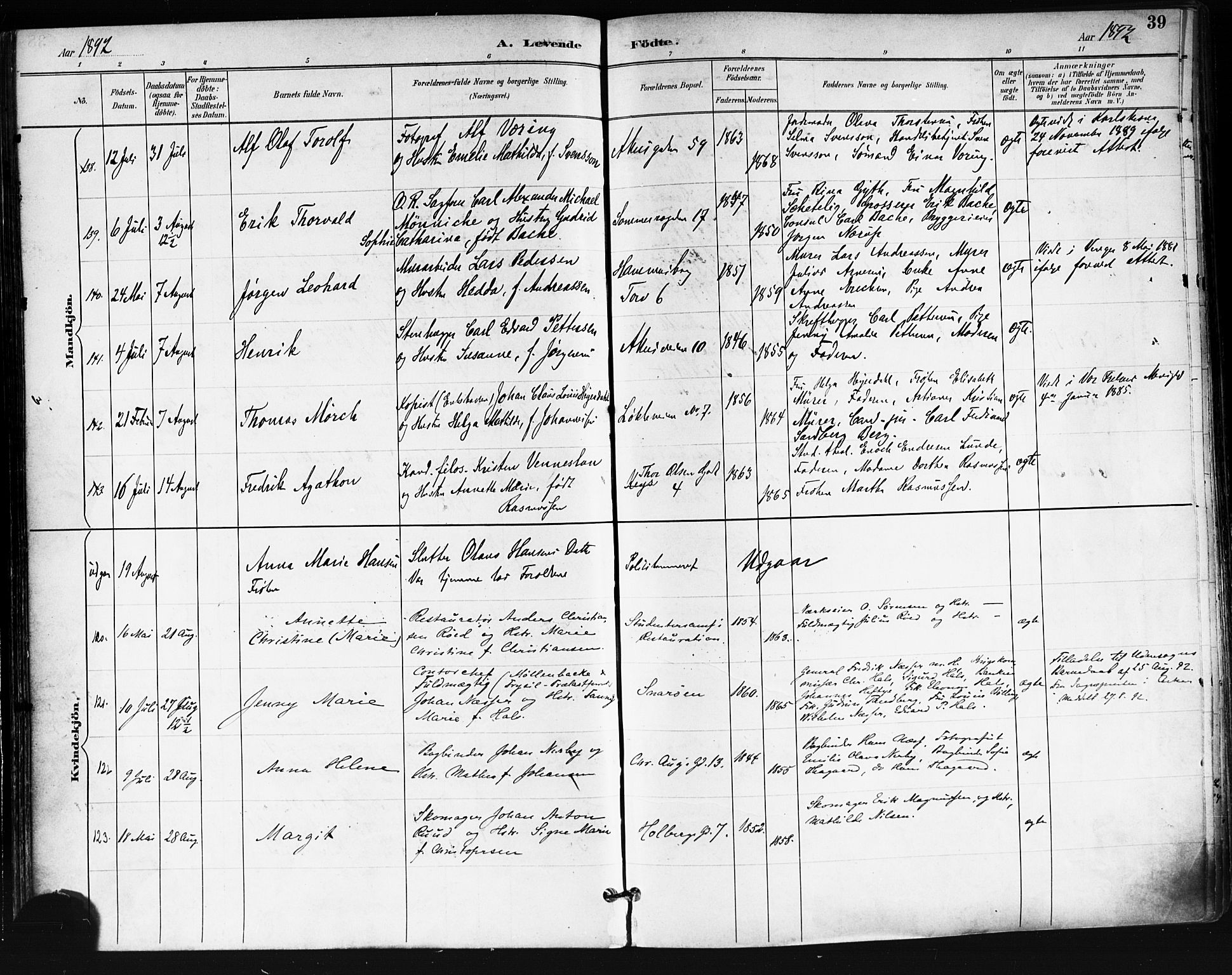 Trefoldighet prestekontor Kirkebøker, SAO/A-10882/F/Fa/L0006: Parish register (official) no. I 6, 1891-1899, p. 39