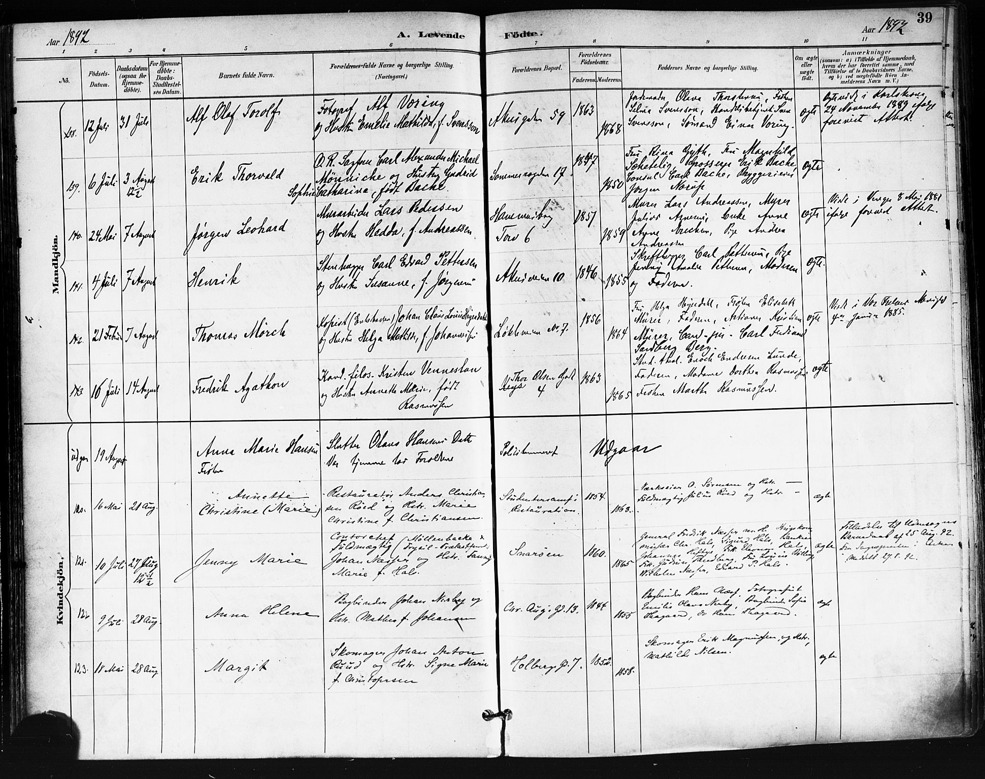 Trefoldighet prestekontor Kirkebøker, AV/SAO-A-10882/F/Fa/L0006: Parish register (official) no. I 6, 1891-1899, p. 39