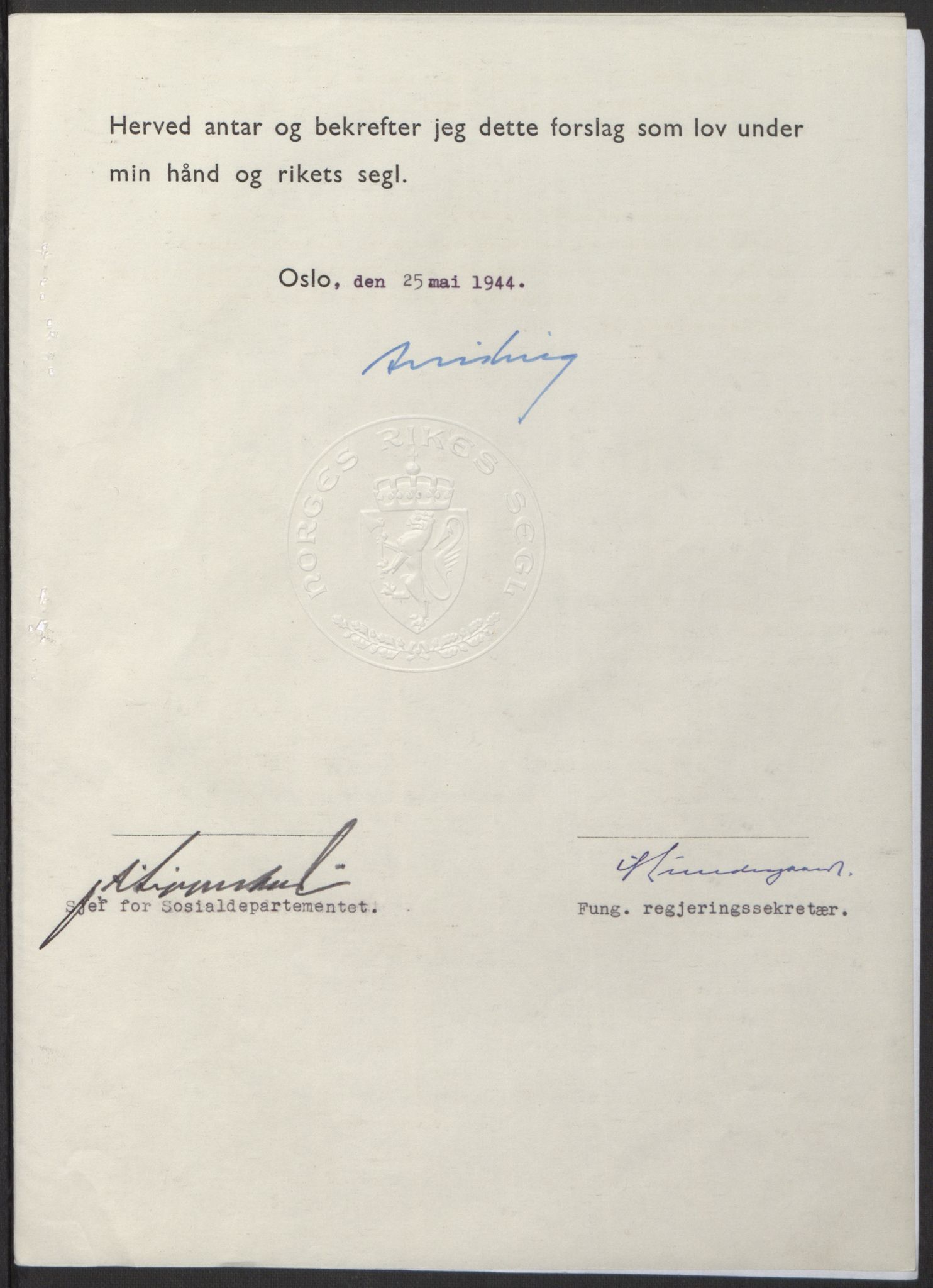 NS-administrasjonen 1940-1945 (Statsrådsekretariatet, de kommisariske statsråder mm), AV/RA-S-4279/D/Db/L0100: Lover, 1944, p. 255